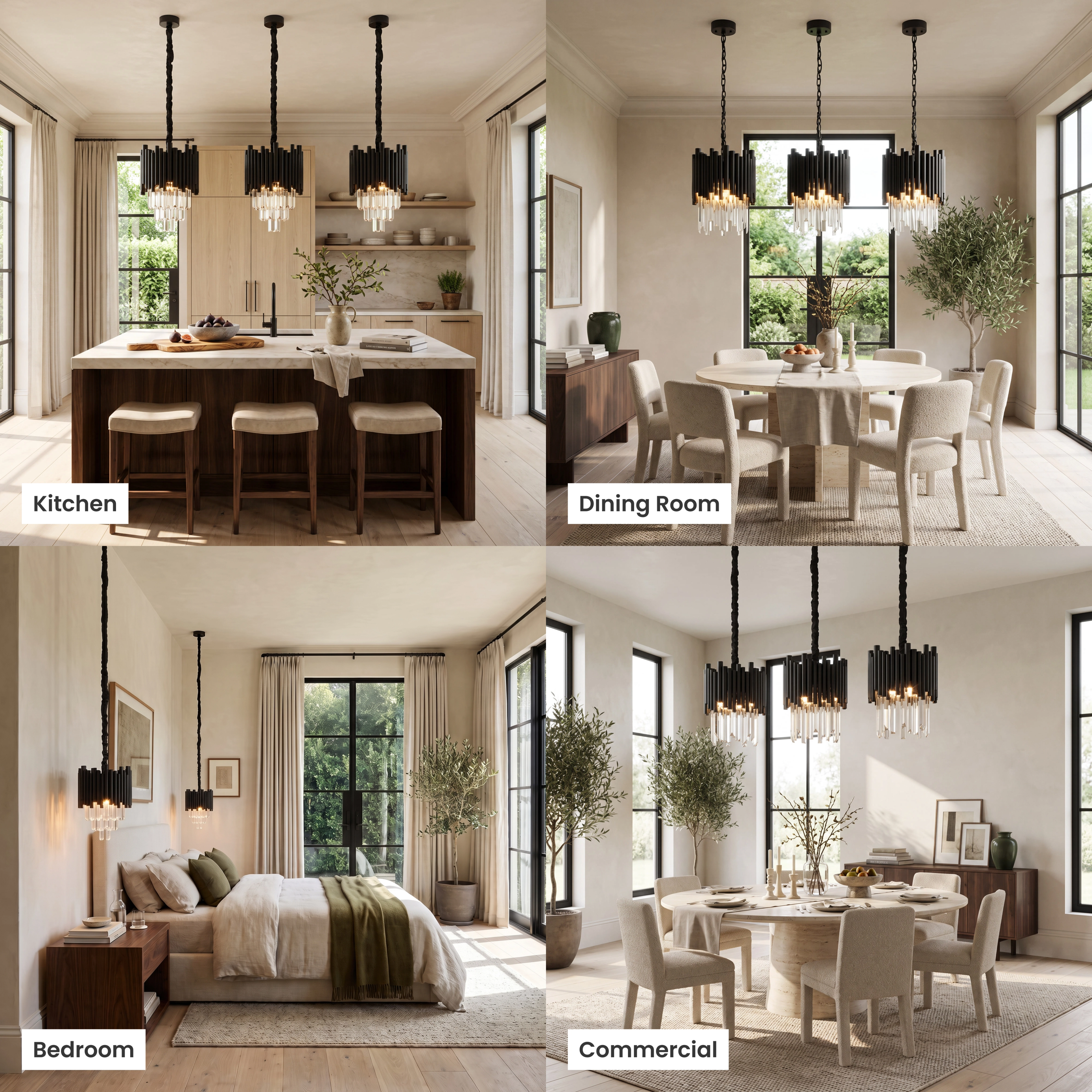 Mini Obsidian pendants, small black crystal drums, shown in living room, dining room, bedroom and commercial settings