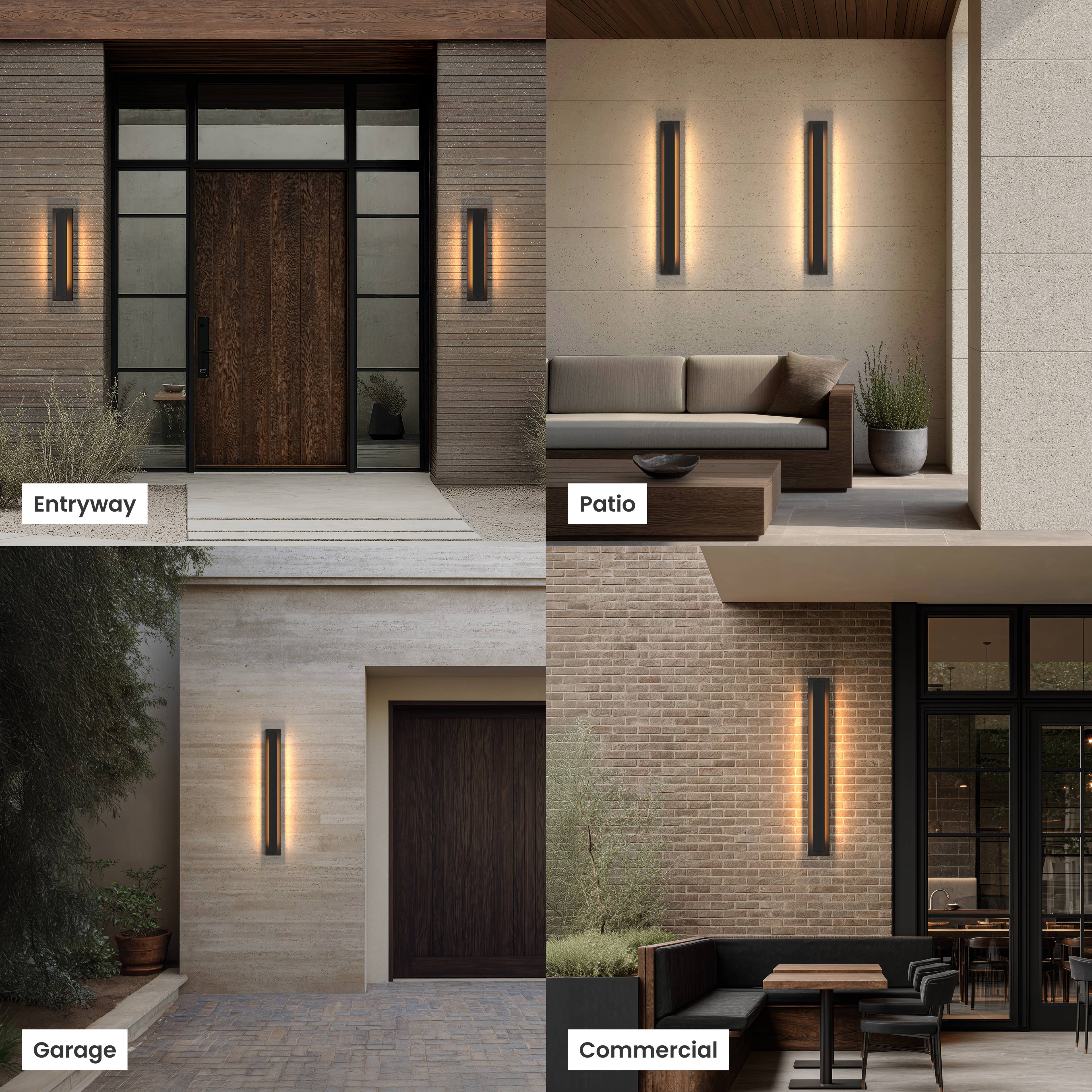 Vetra Smart black vertical LED sconce shown at an entryway, patio, garage and commercial building