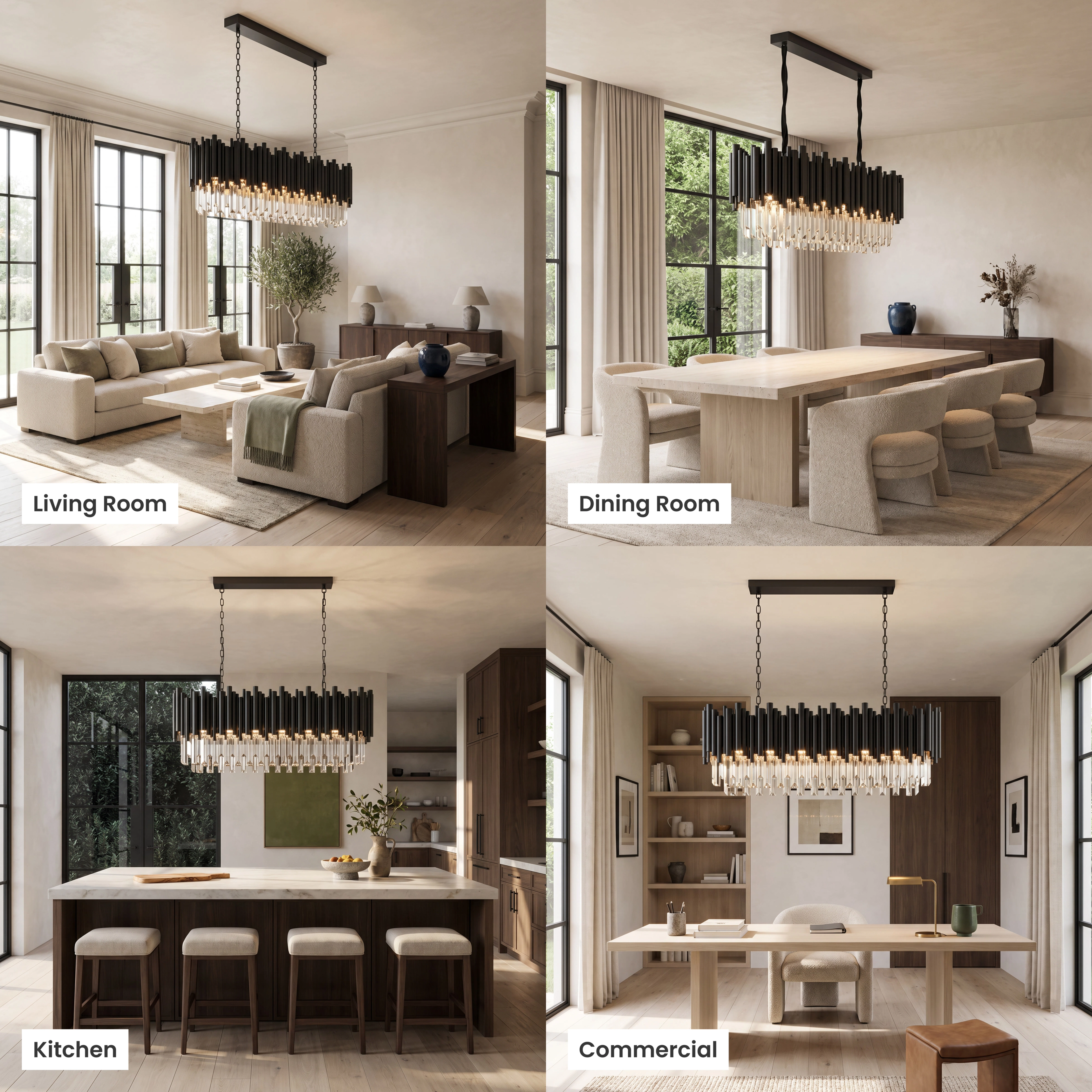 Obsidian Pendant black linear crystal chandelier shown in living room, kitchen, dining room and commercial settings
