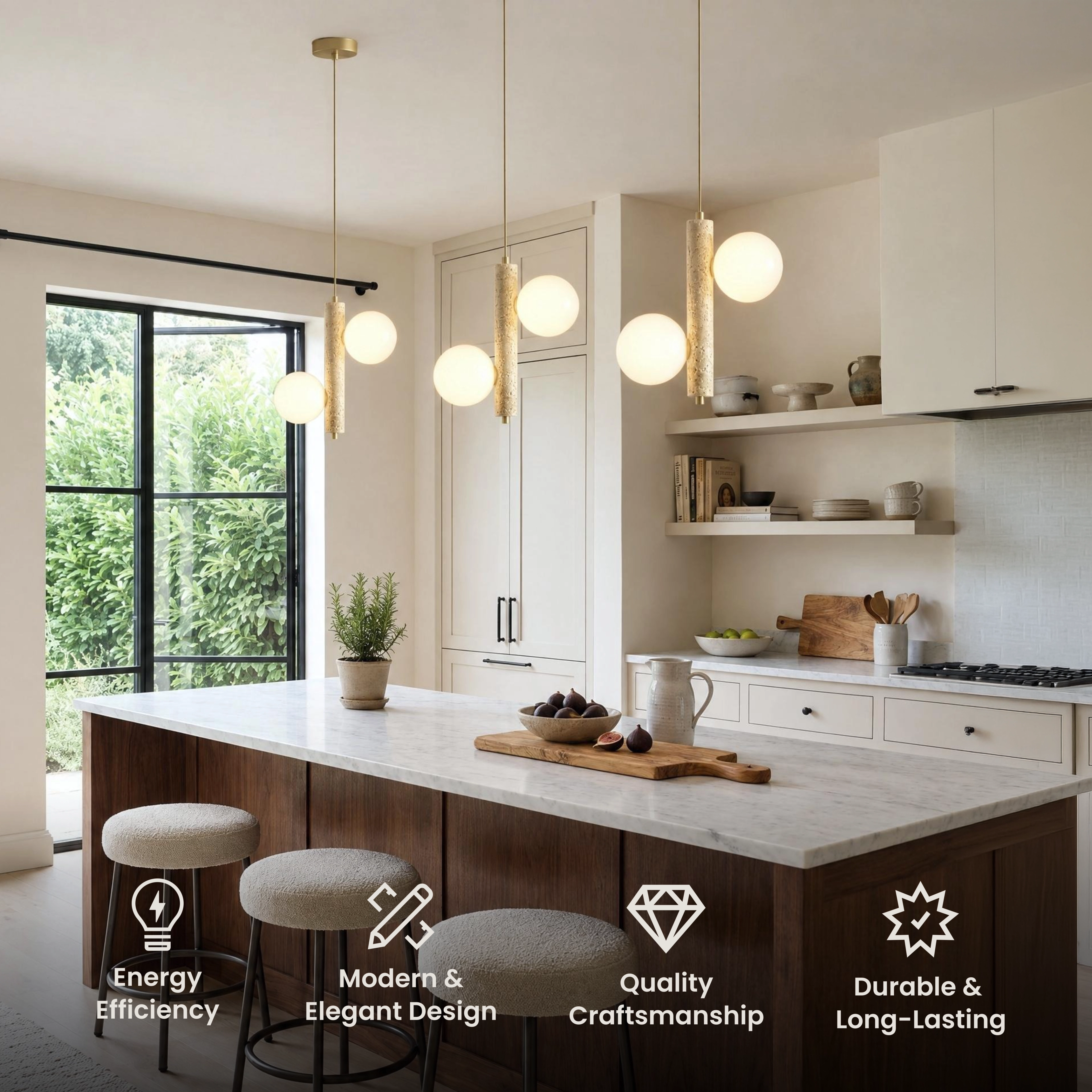Arabella Pendant, cluster of three warm globe bulbs on brass stems in a dining room