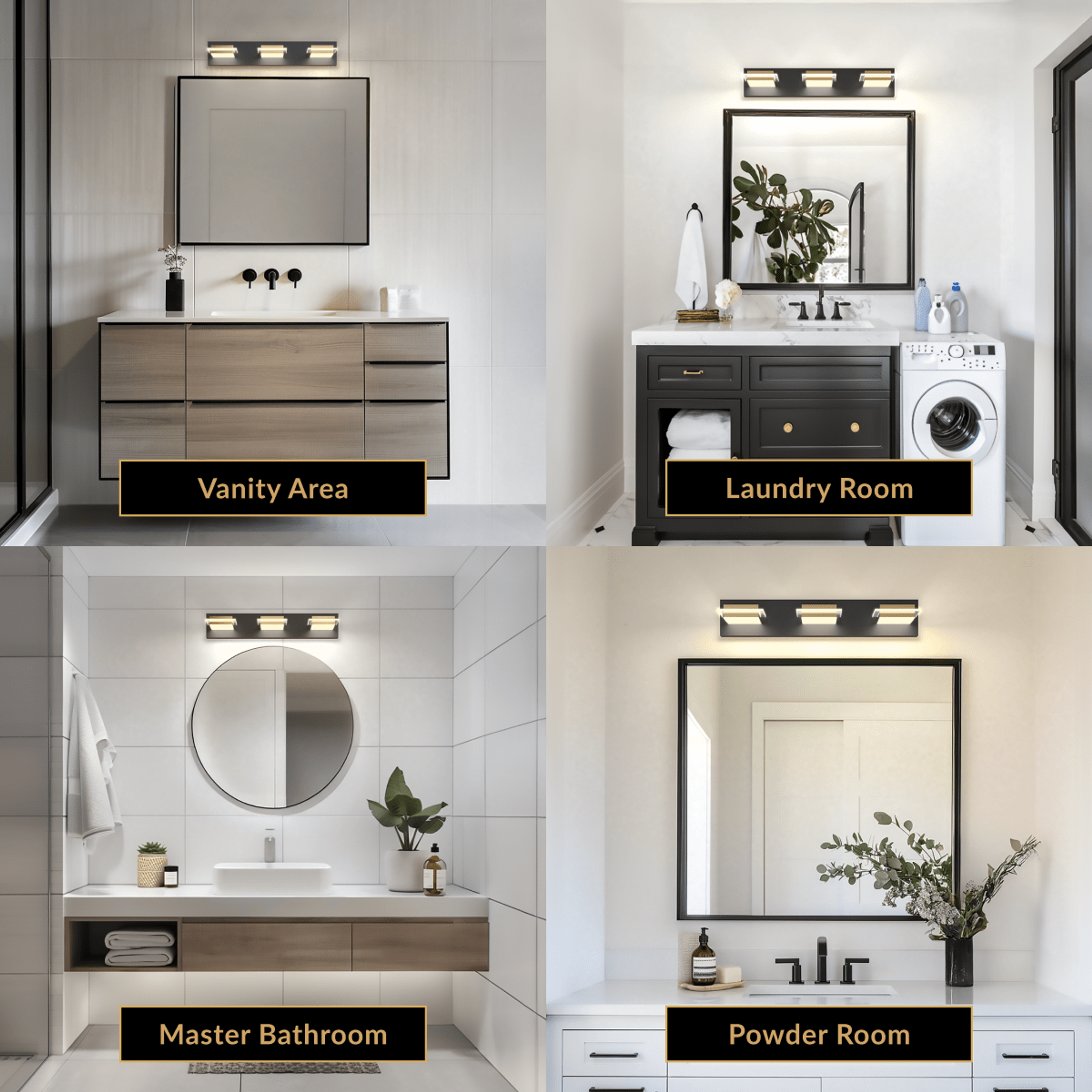 Willow black-and-gold vanity light with cube shades shown over vanity, laundry, bathroom and powder room mirrors