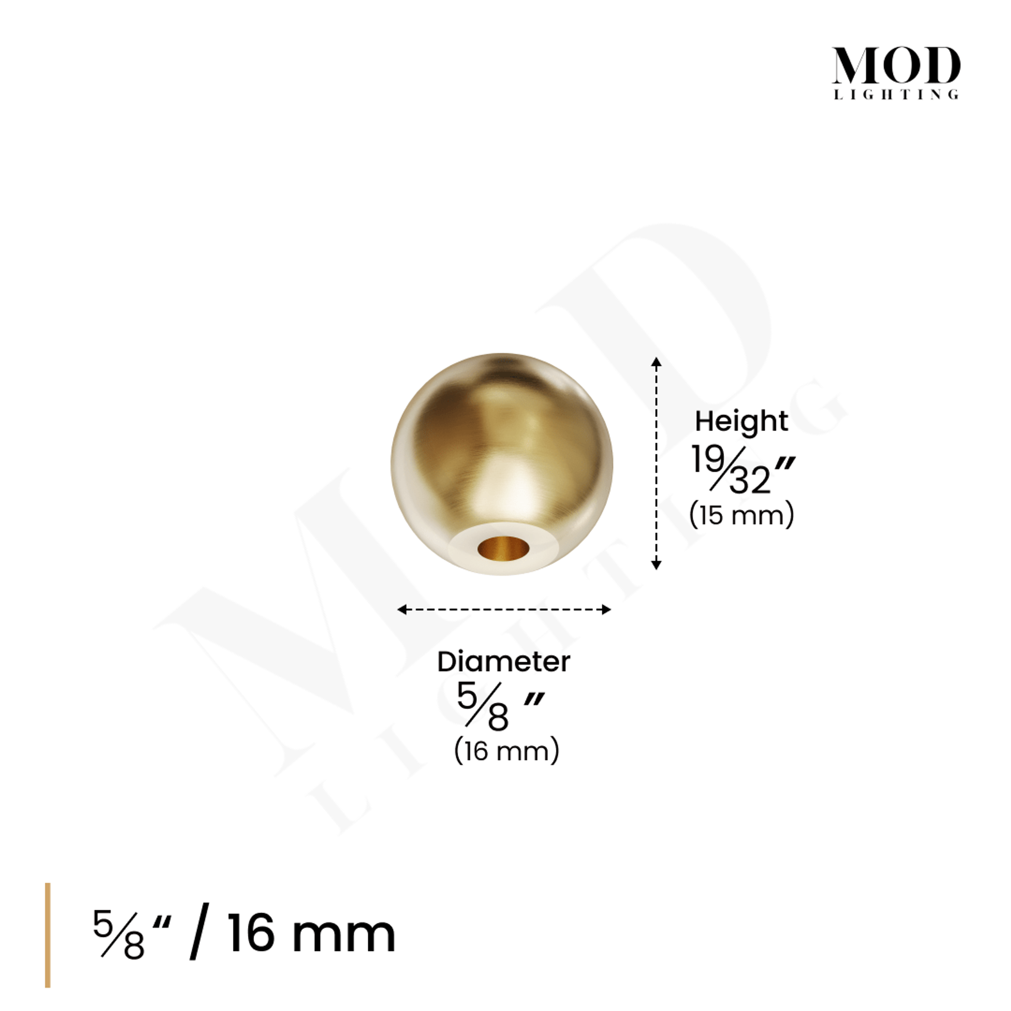 Rochelle brushed-gold spherical cabinet knob dimension diagram: 9/16 in (14 mm) diameter, 1/2 in height