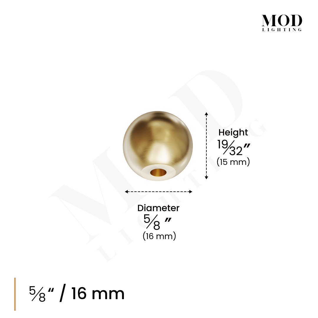 Rochelle brushed-gold spherical cabinet knob dimension diagram: 9/16 in (14 mm) diameter, 1/2 in height