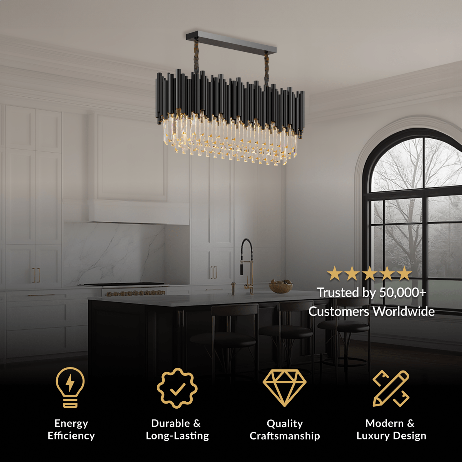 Obsidian linear pendant, black rectangular frame with clustered crystals, over a kitchen island