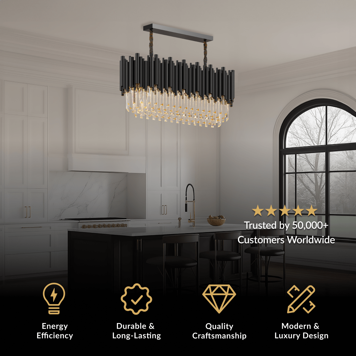 Obsidian linear pendant, black rectangular frame with clustered crystals, over a kitchen island