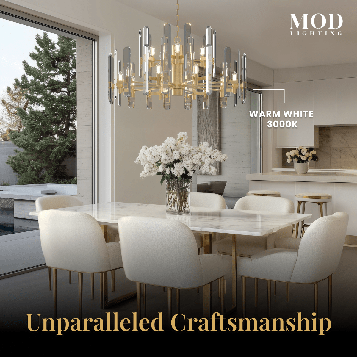 Prism brushed-gold drum chandelier with vertical faceted crystal bars over a dining table, warm-white glow