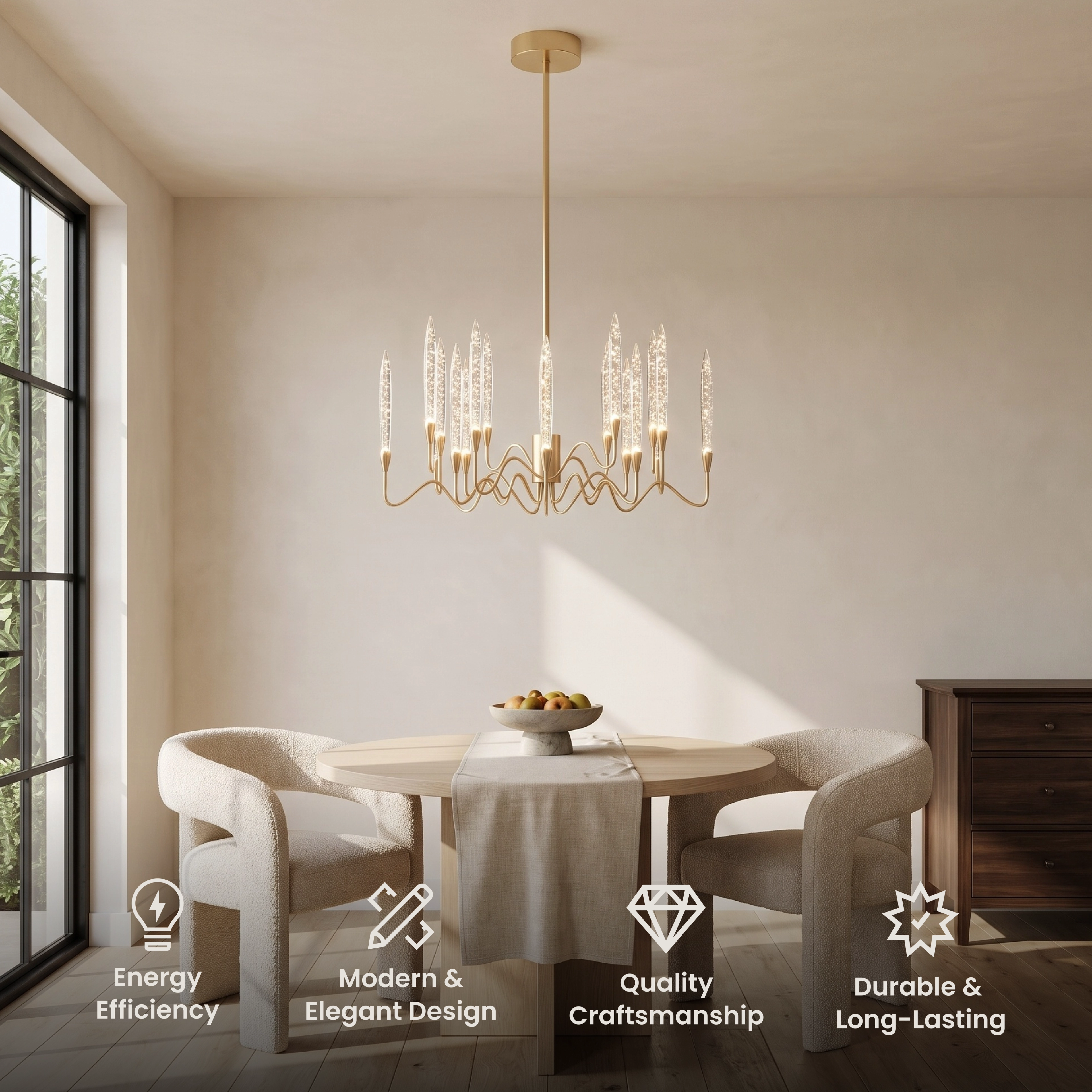 Kanderella chandelier, brushed gold arms holding slim vertical crystal candle tubes, in a dim living room