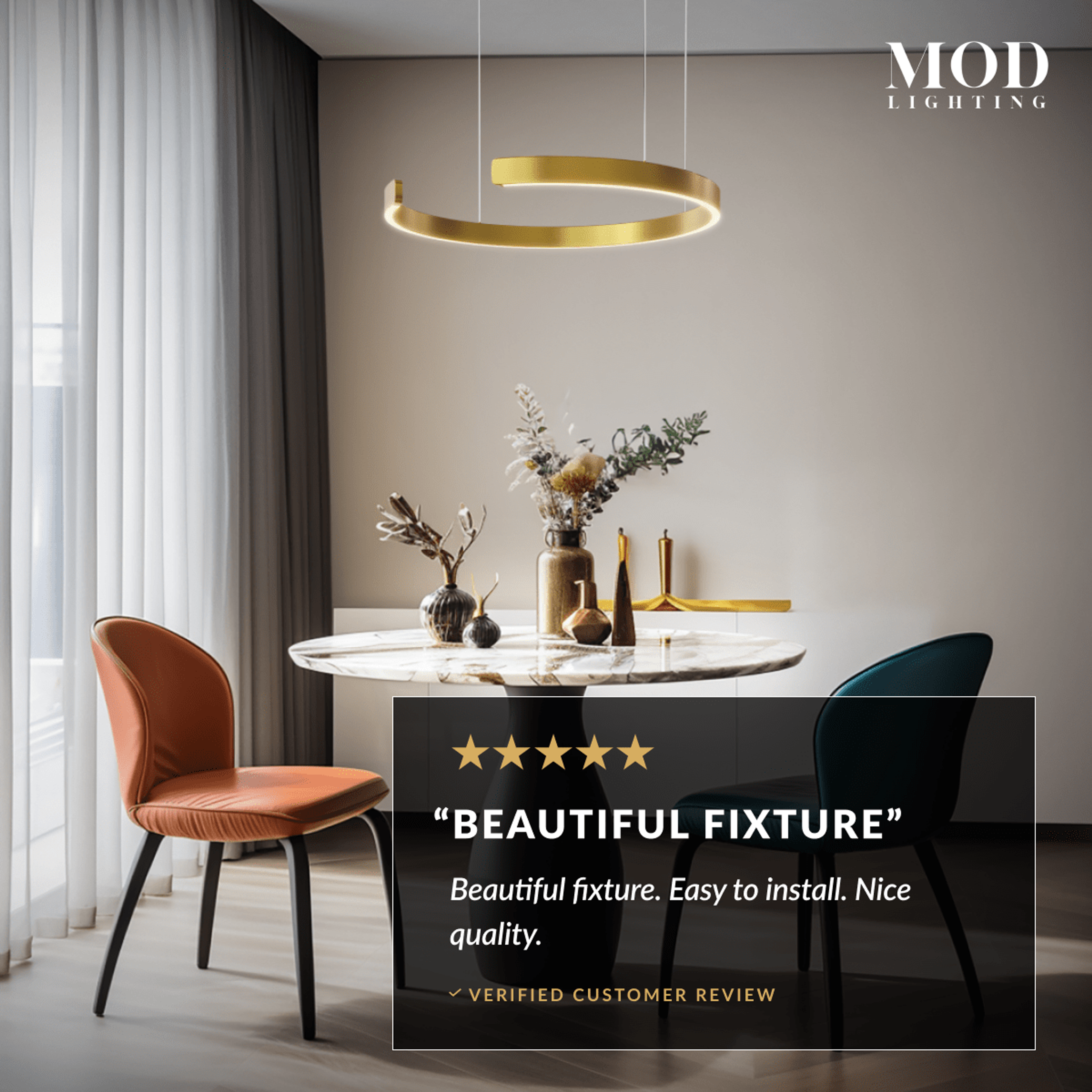 Ring chandelier in gold, circular band pendant over a round dining table in a neutral room