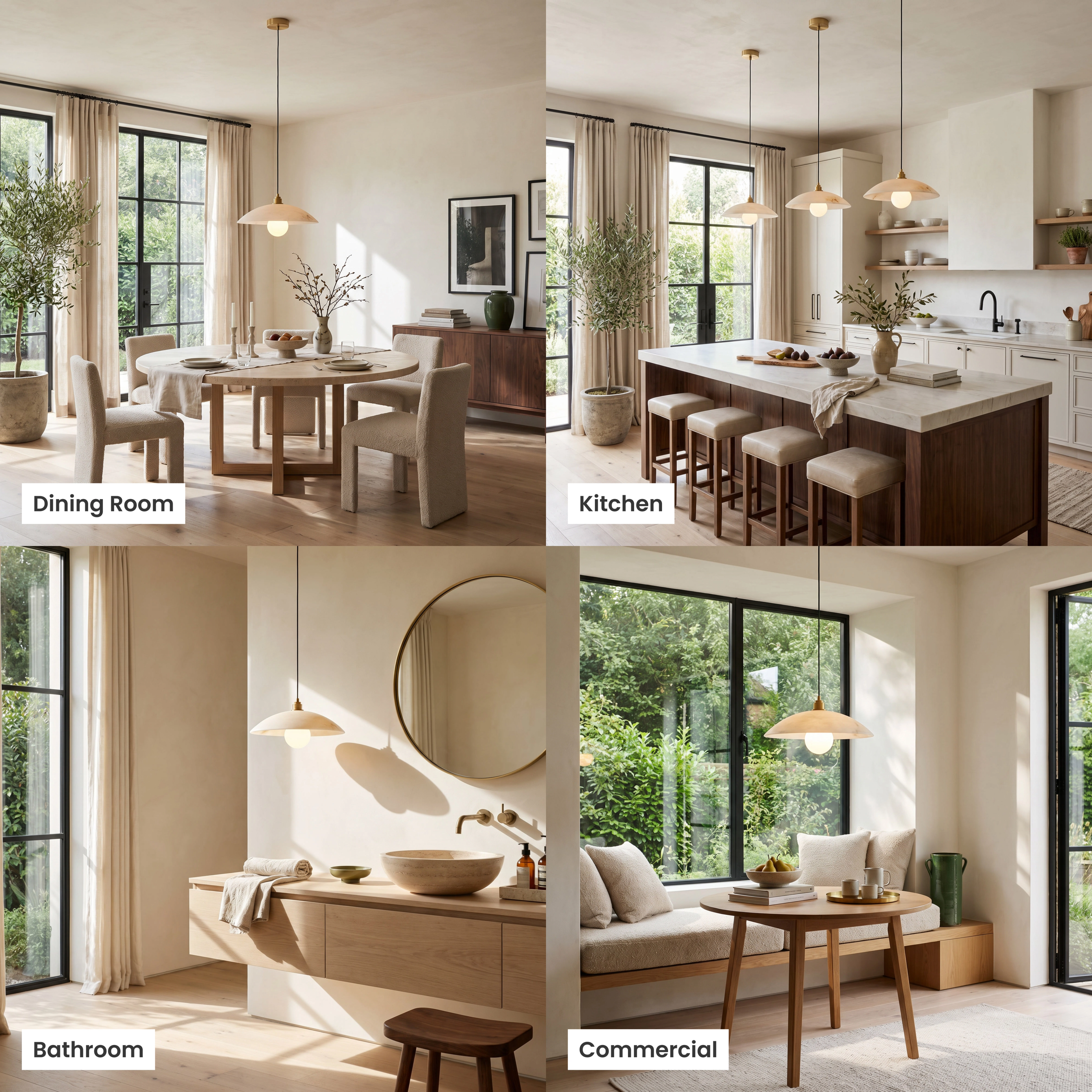 Zira, alabaster dome pendant on a slim gold cord, shown over a sofa, dining table, bedroom and kitchen