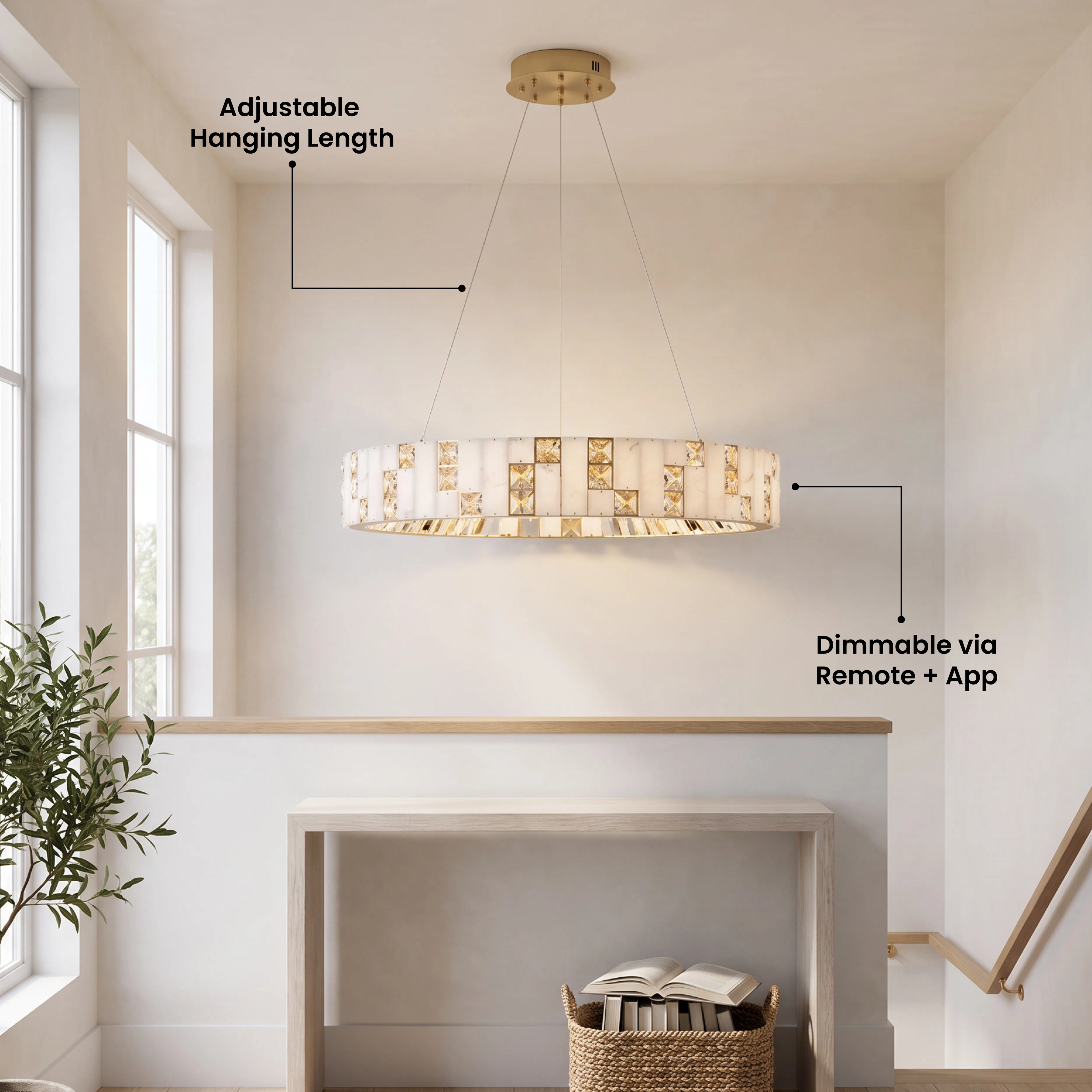 Seraphine Smart ring chandelier in an entryway, labeled adjustable hanging length and dimmable via remote and app