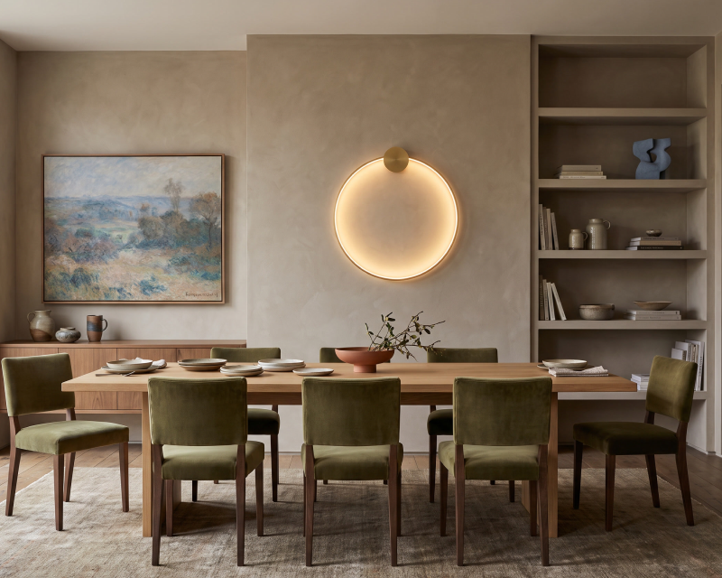 A pair of Angelica sconces above a dining sideboard