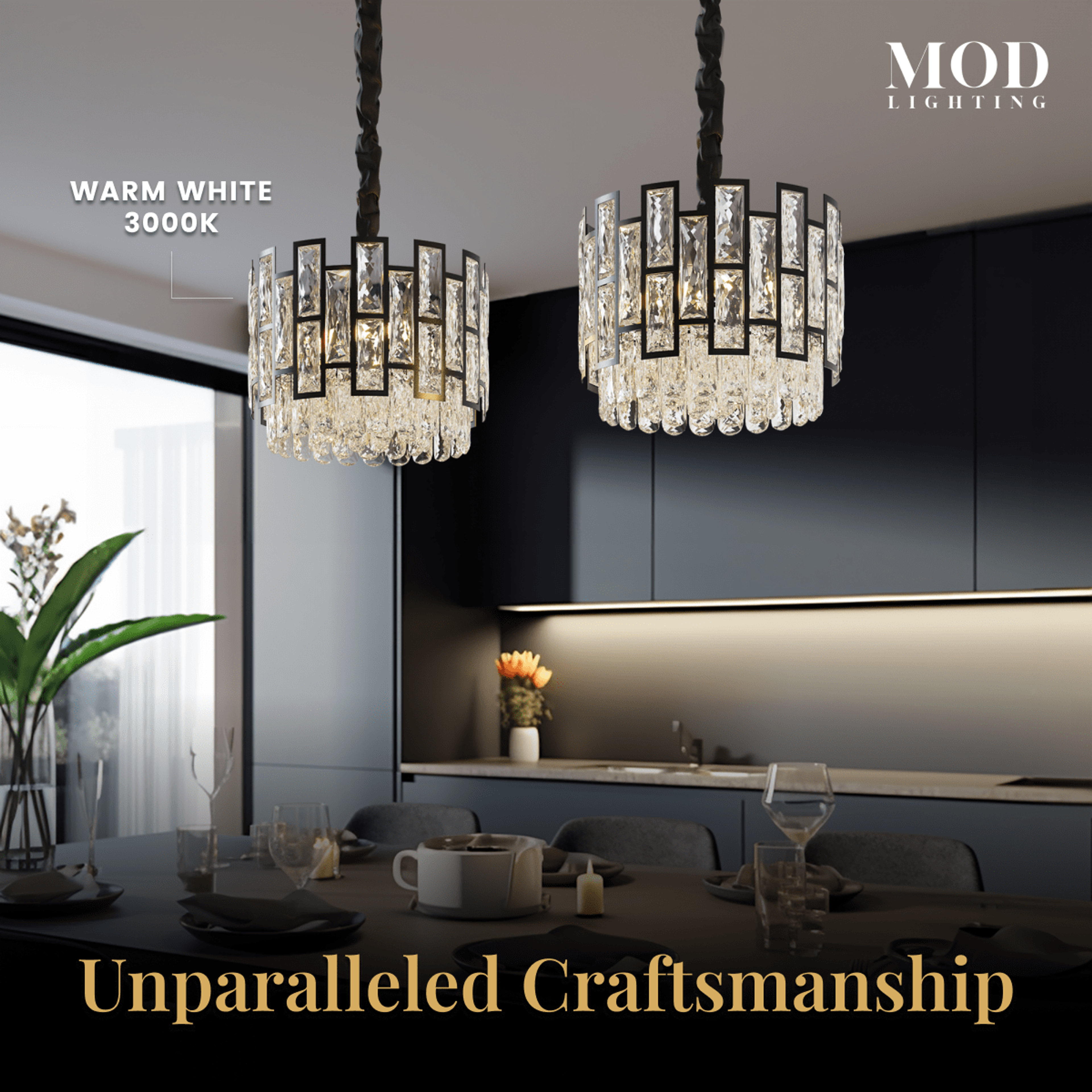 Mini Raven black crystal pendant pair in a dark kitchen, warm white 3000K, over a dining table