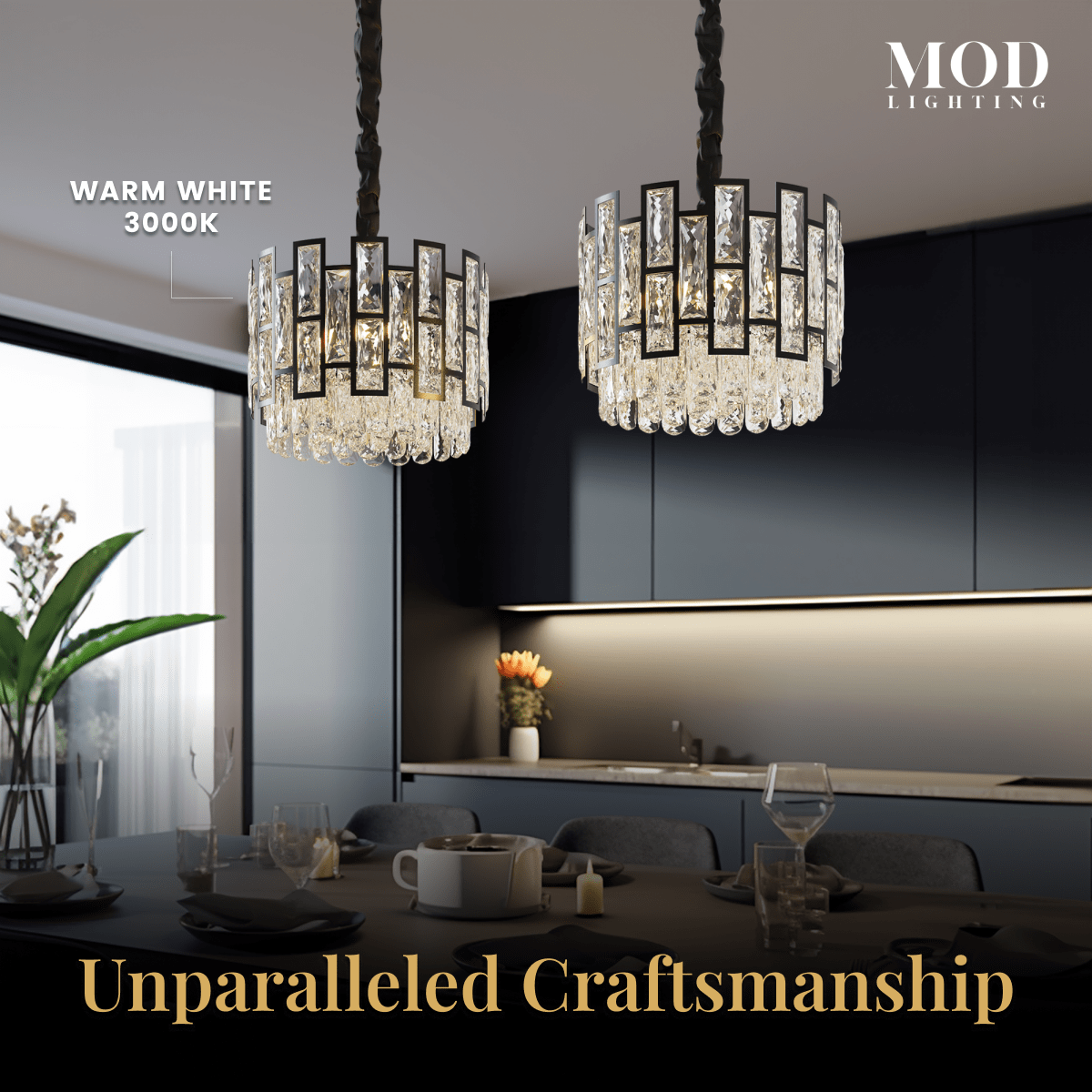Mini Raven black crystal pendant pair in a dark kitchen, warm white 3000K, over a dining table