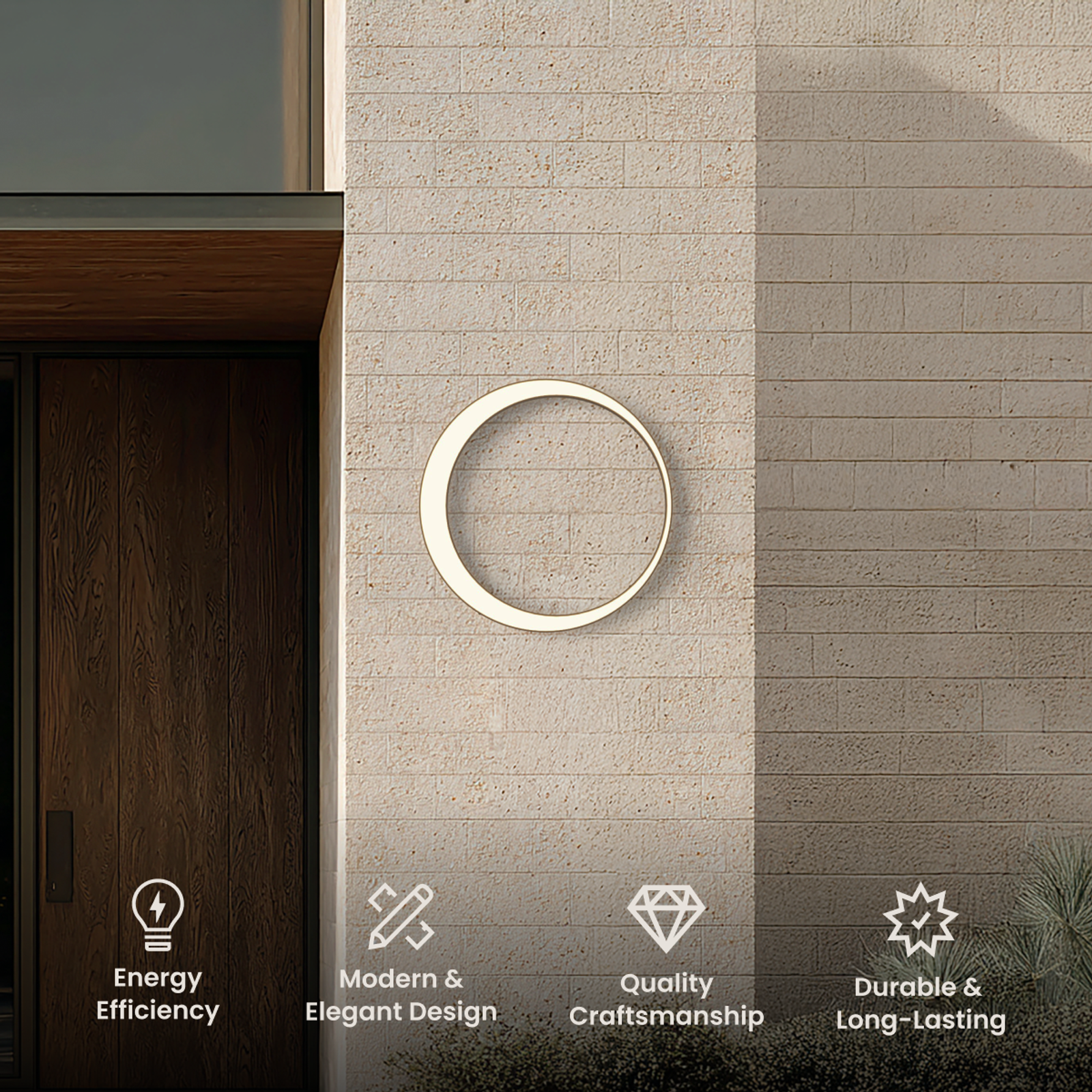Gleam wall light, illuminated white ring on a stone wall beside a wooden door