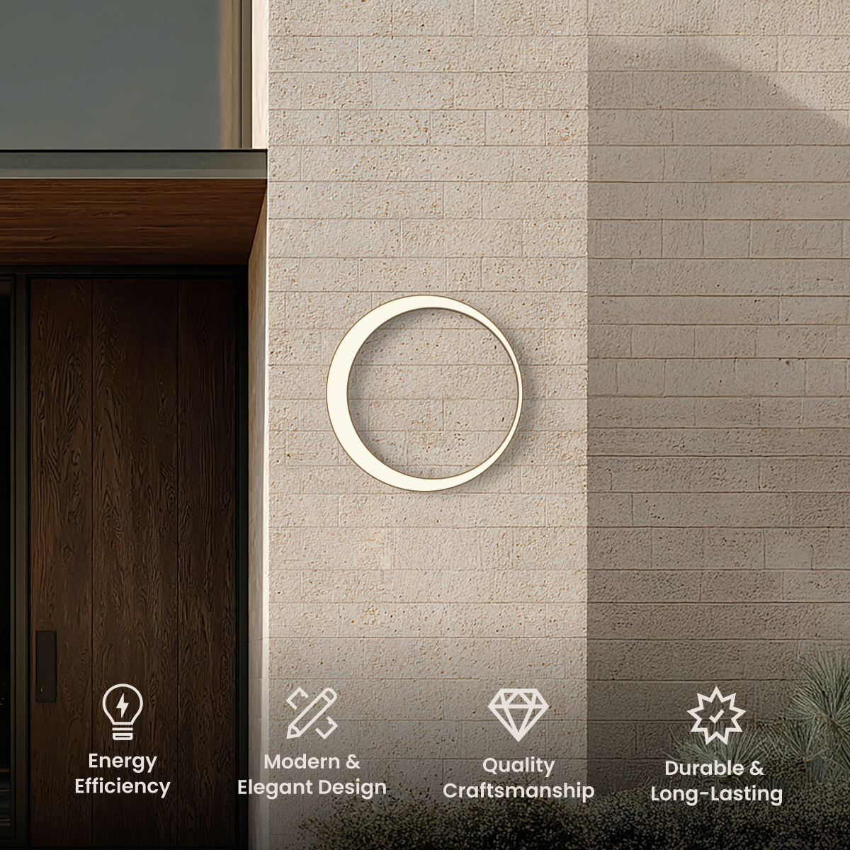 Gleam wall light, illuminated white ring on a stone wall beside a wooden door
