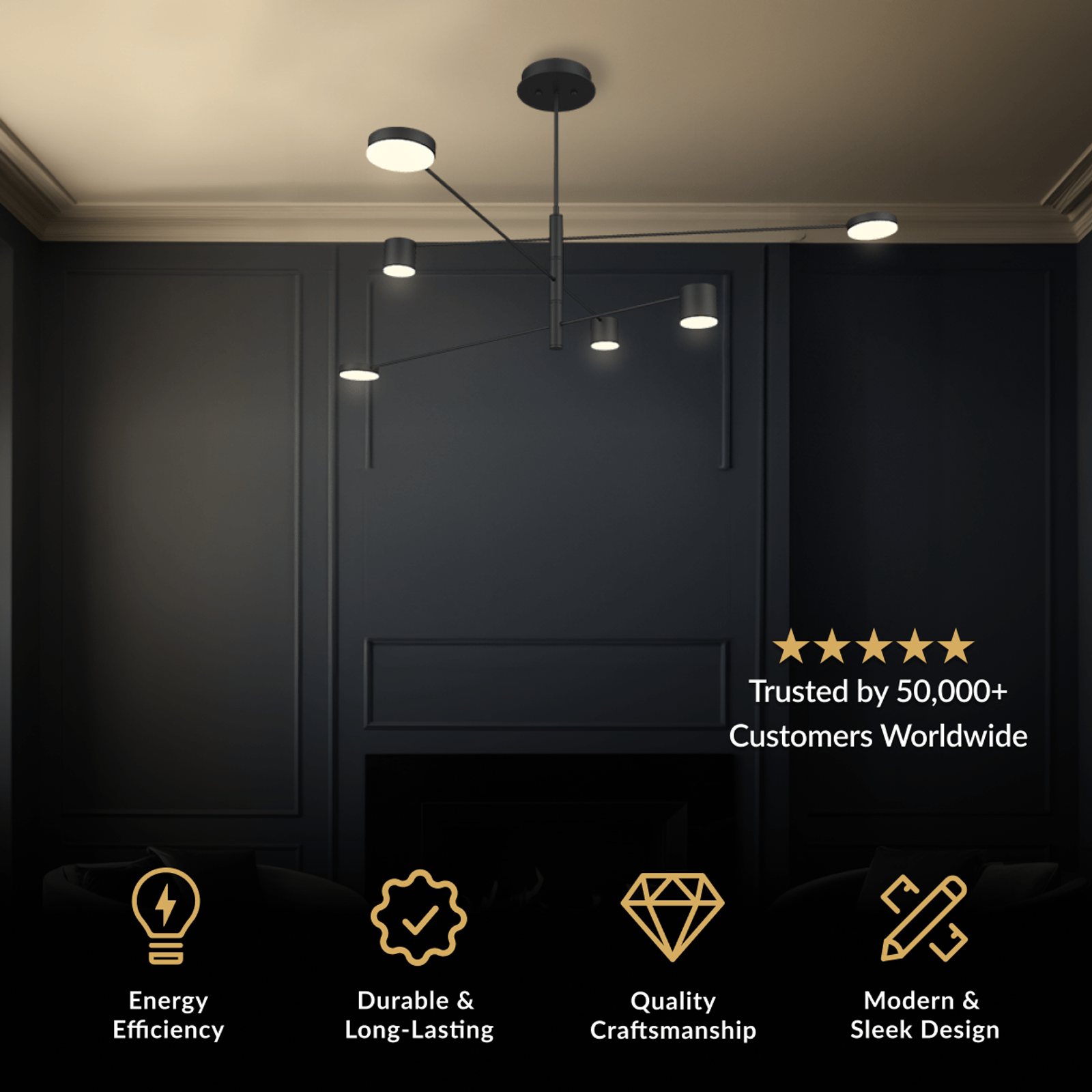 Lynx chandelier, thin gold rings with slim tube lights suspended over a living, dining and bedroom