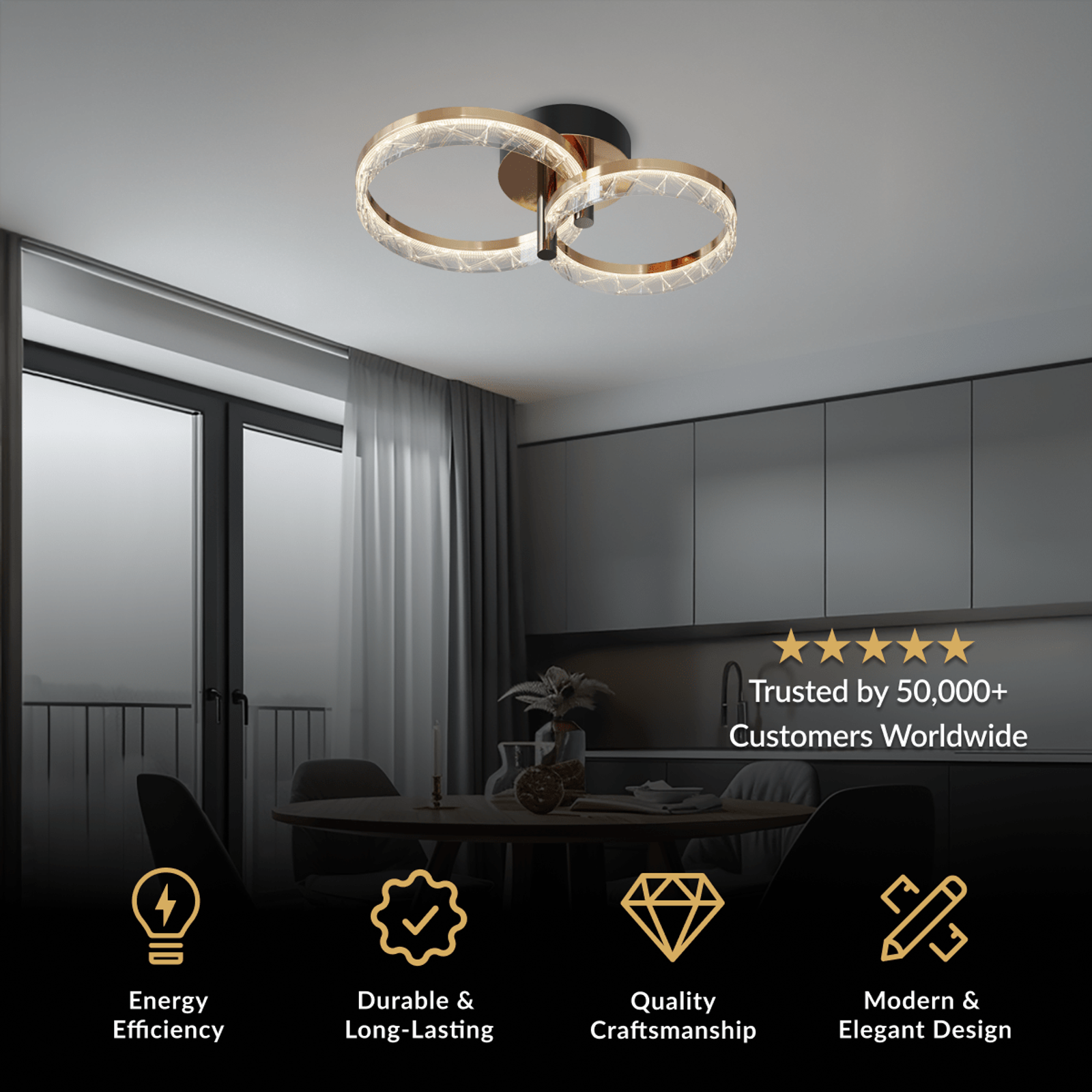 Clara twin crystal ring flush-mount ceiling light in a gray kitchen and dining space