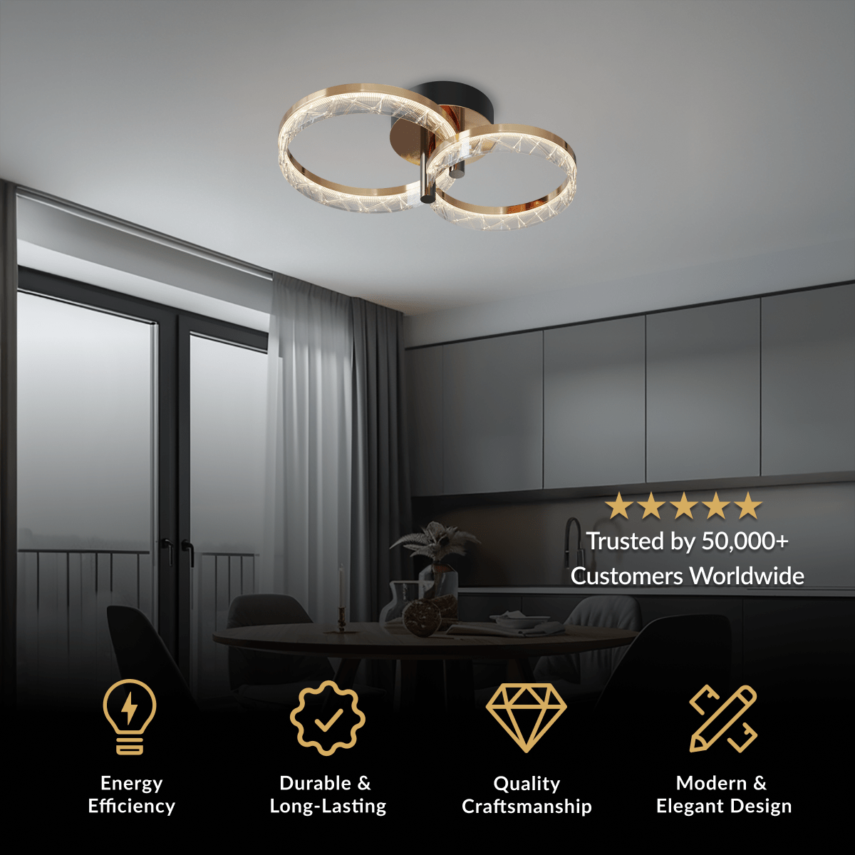 Clara twin crystal ring flush-mount ceiling light in a gray kitchen and dining space