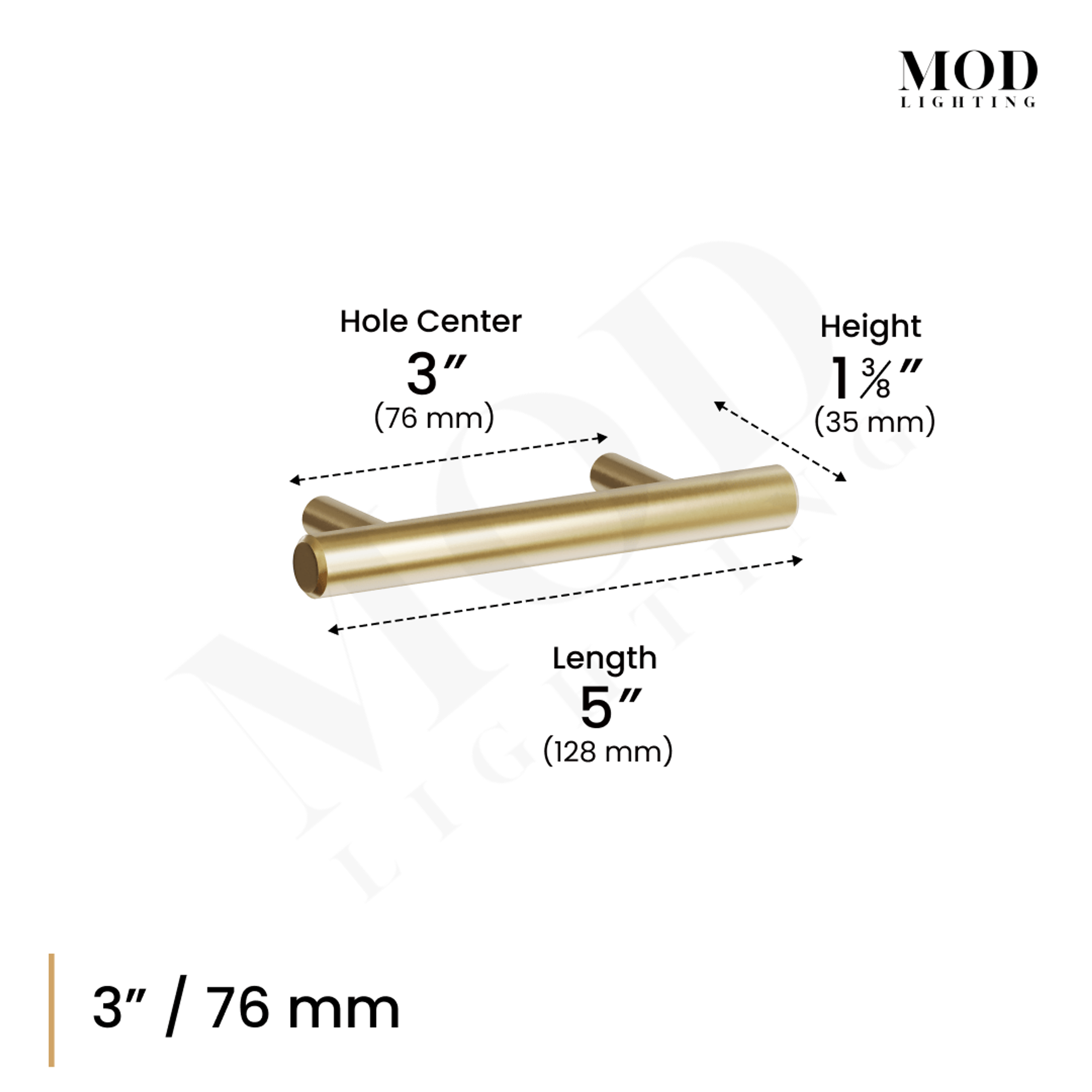 Alison cabinet pull dimension diagram: 3" hole center, 5" length, 1 3/8" height, brushed gold