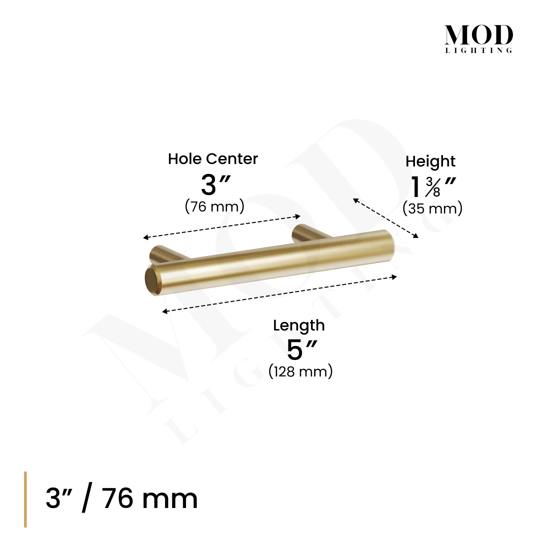 Alison cabinet pull dimension diagram: 3" hole center, 5" length, 1 3/8" height, brushed gold
