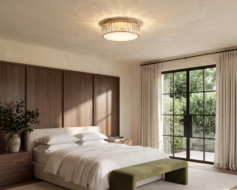 A flush ceiling light in a bedroom