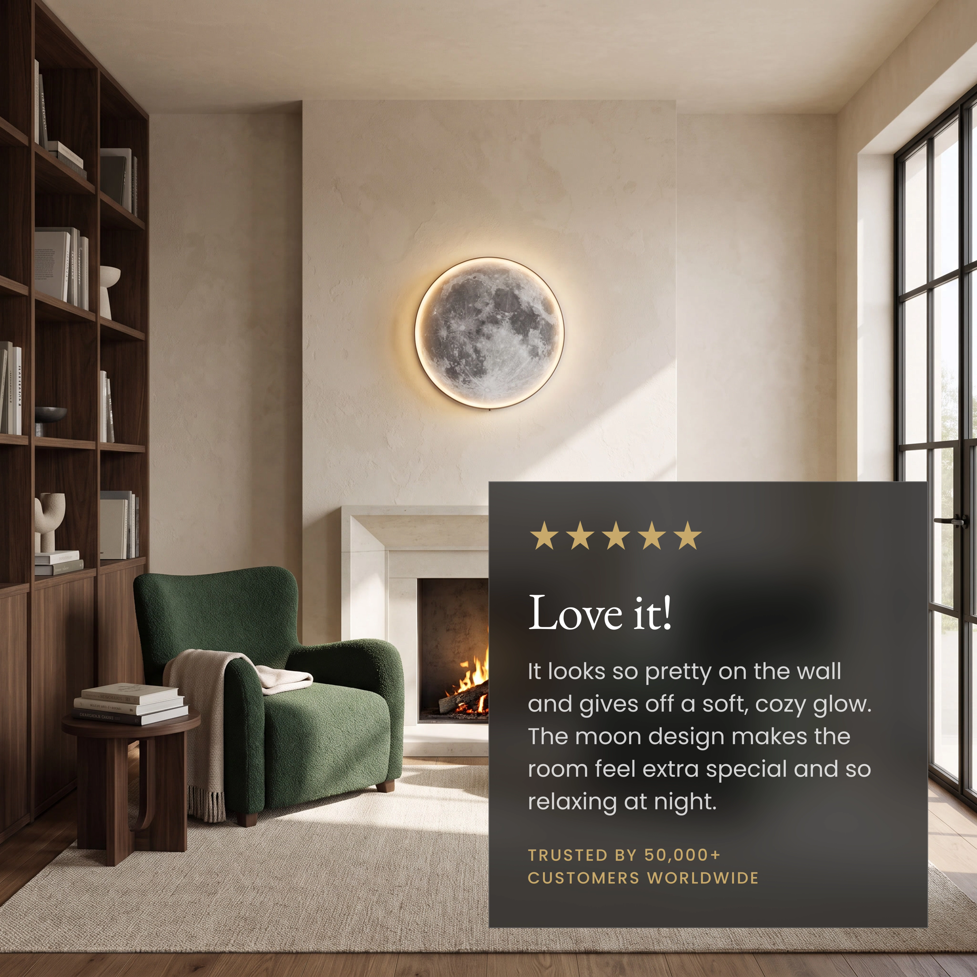Luna moon lamp, illuminated full-moon disc mounted above a bed in a dim bedroom