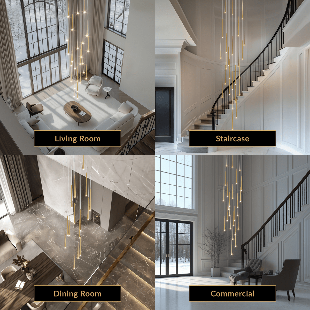 Jasper gold cascading pendants shown in living room, staircase, dining room and commercial settings