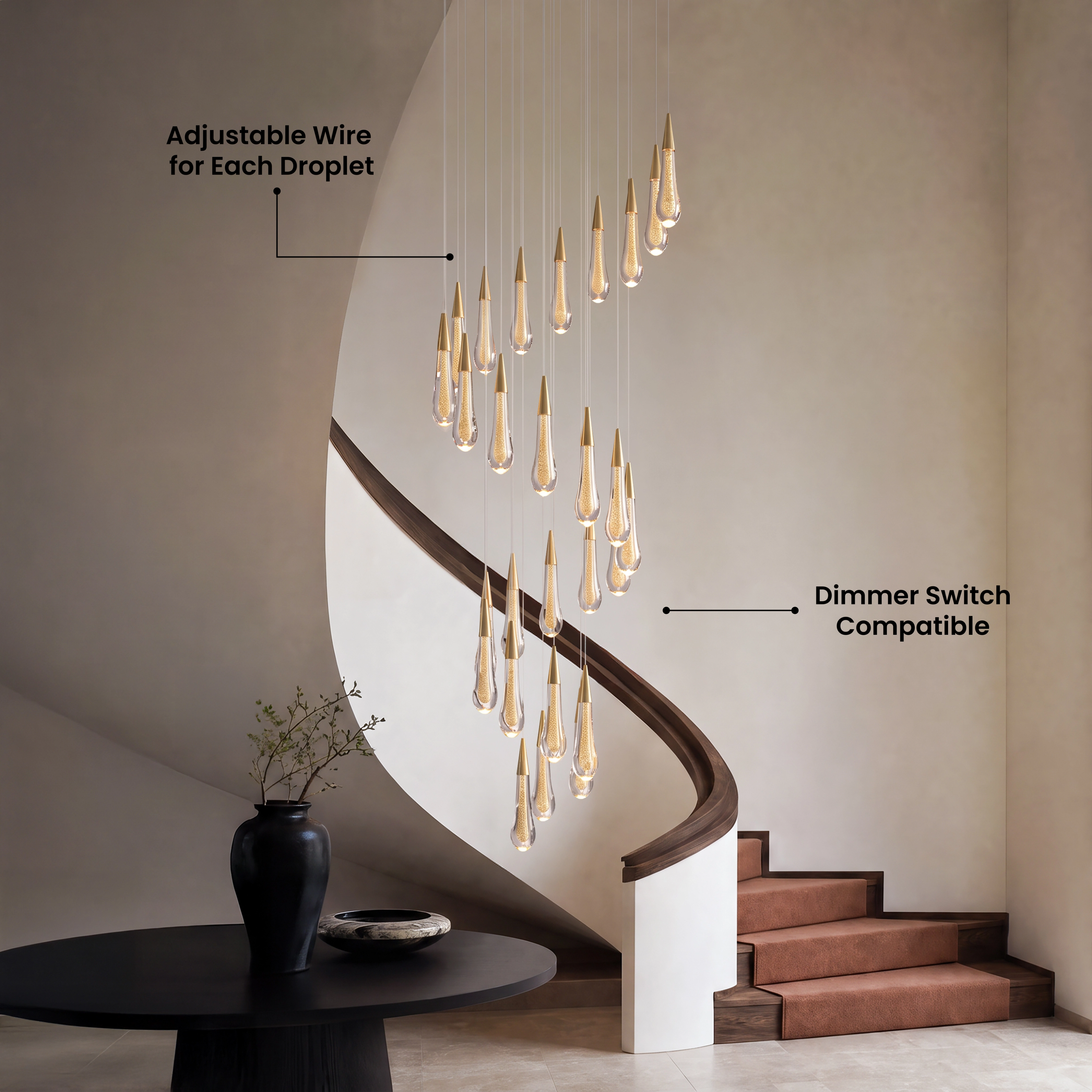 Indra chandelier, cluster of lit gold crystal teardrops suspended in a dark living room