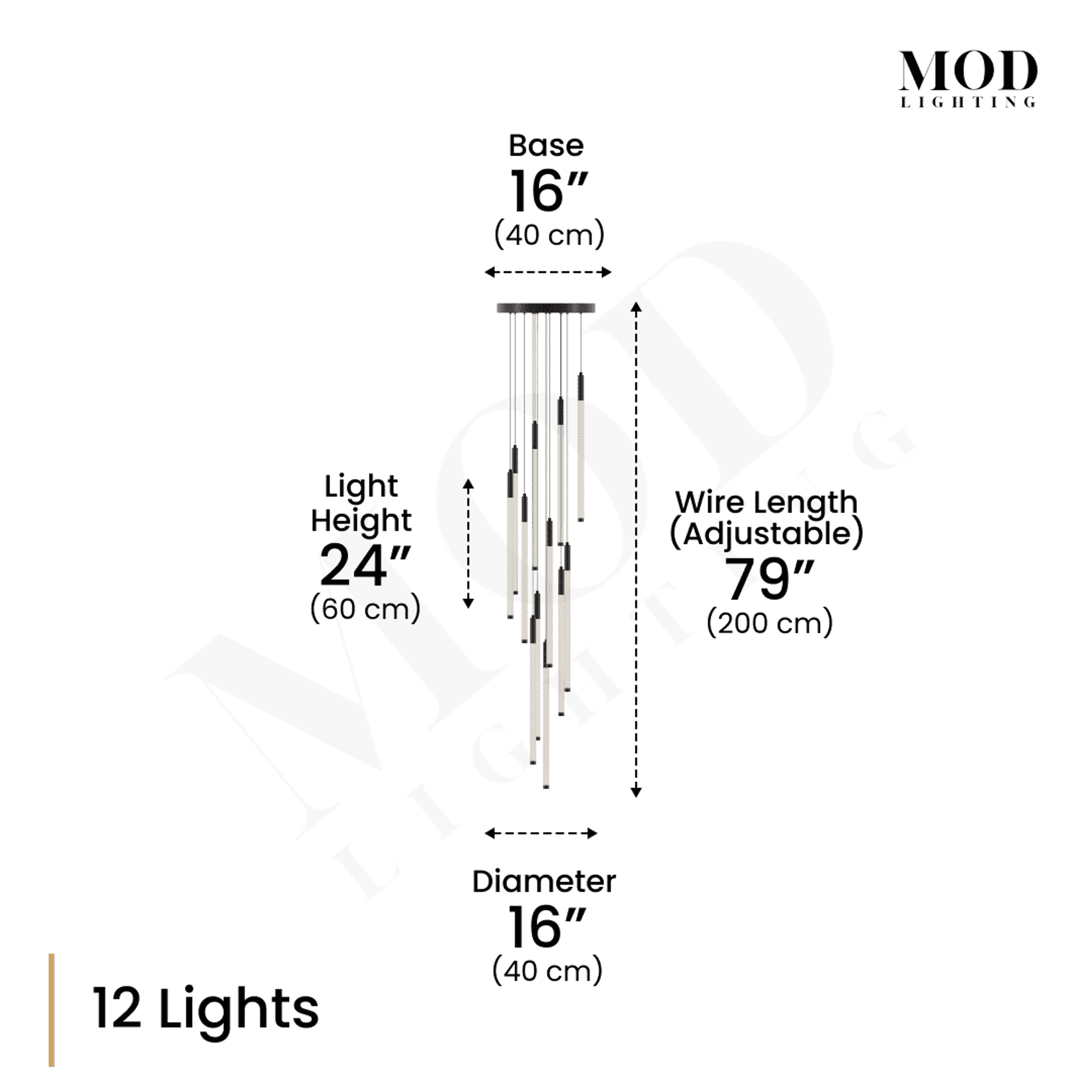 Kasper 12-light dimension diagram: black cascading rods, 24-inch light height, adjustable 79-inch wire