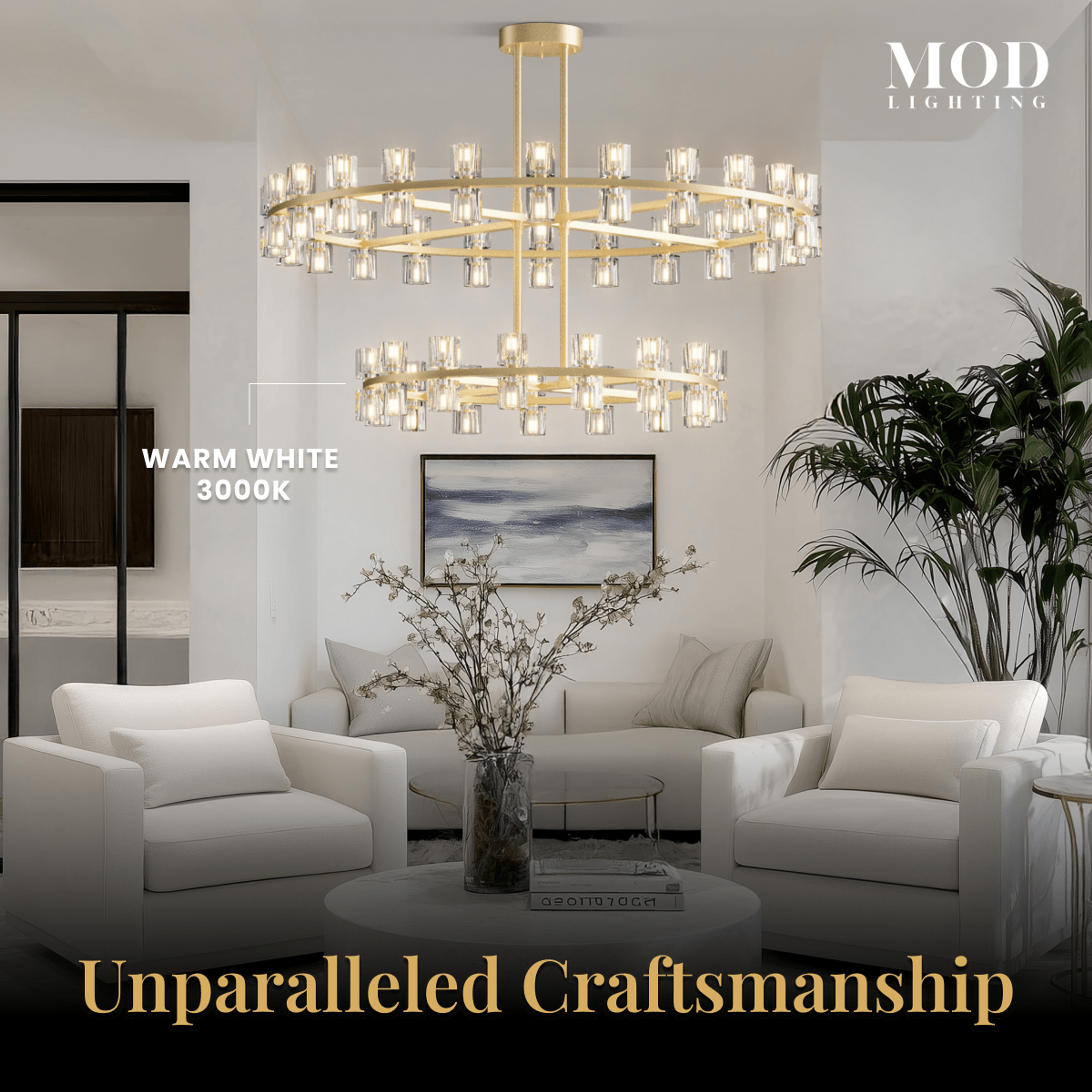 Sunset two-tiered brass ring chandelier with crystal shades, over a seating area in warm white, 3000K