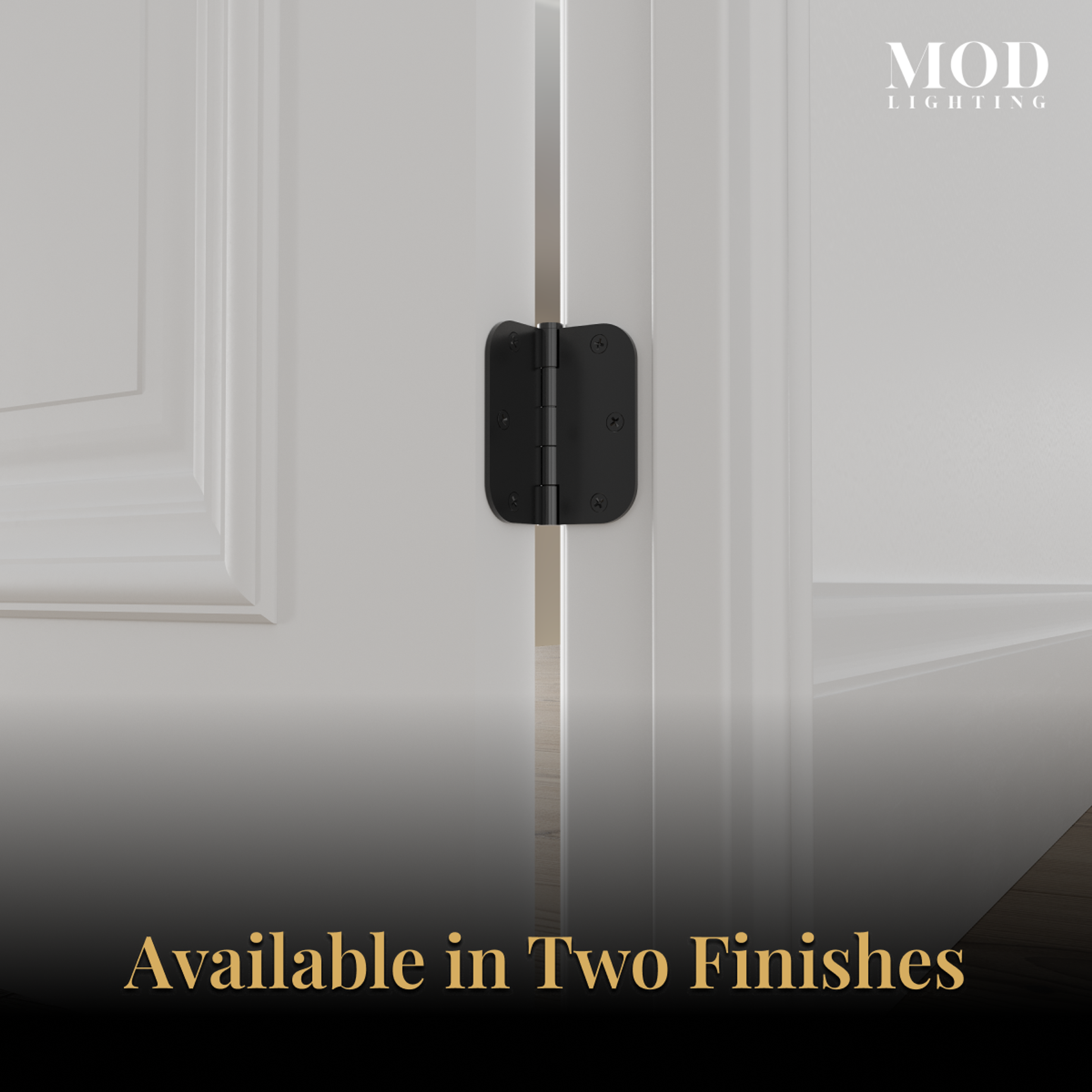 Modern Door Hinge in matte black on a white paneled door, shown from the front