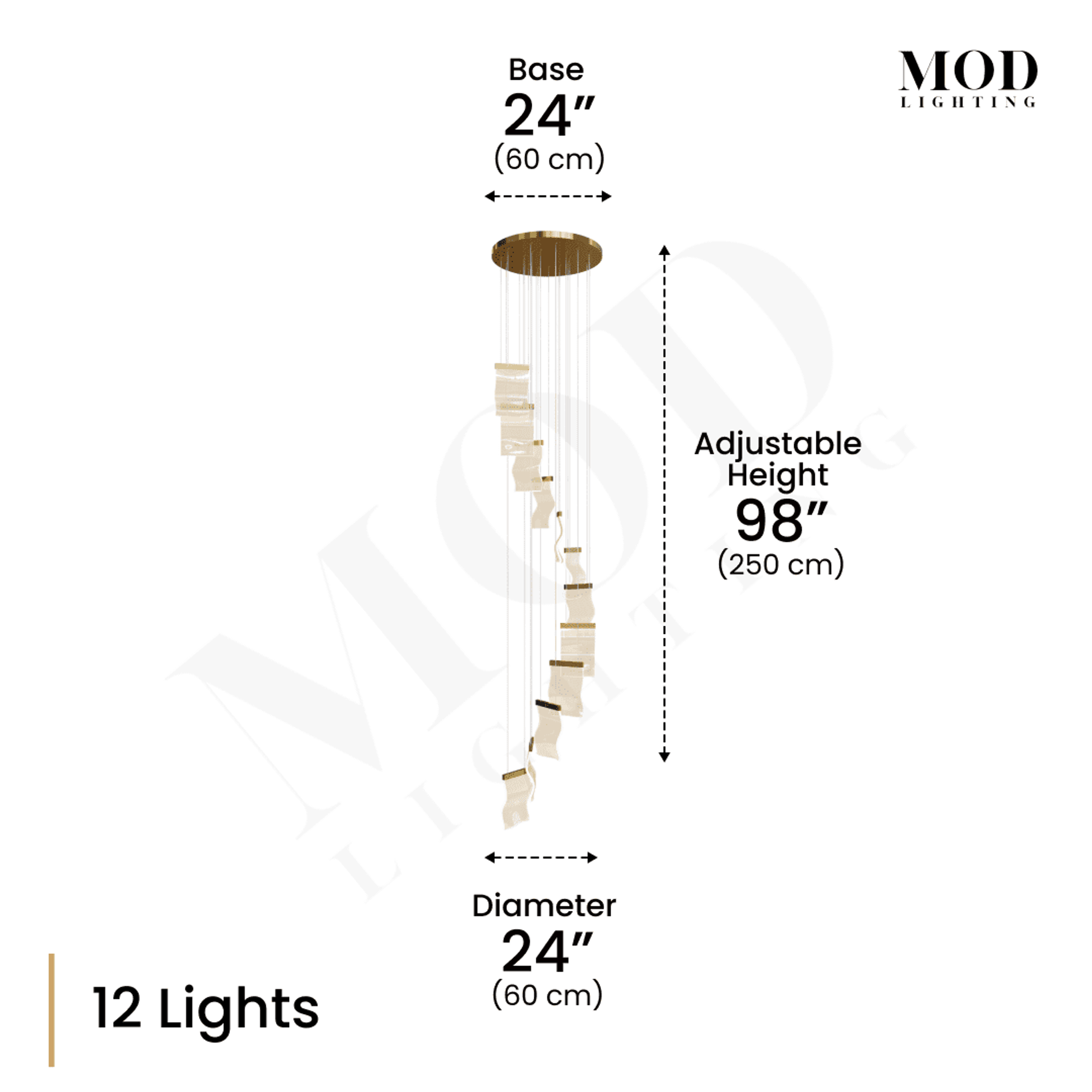 Helia 12-light spiral chandelier dimension diagram: 24in base and diameter, 98in adjustable height