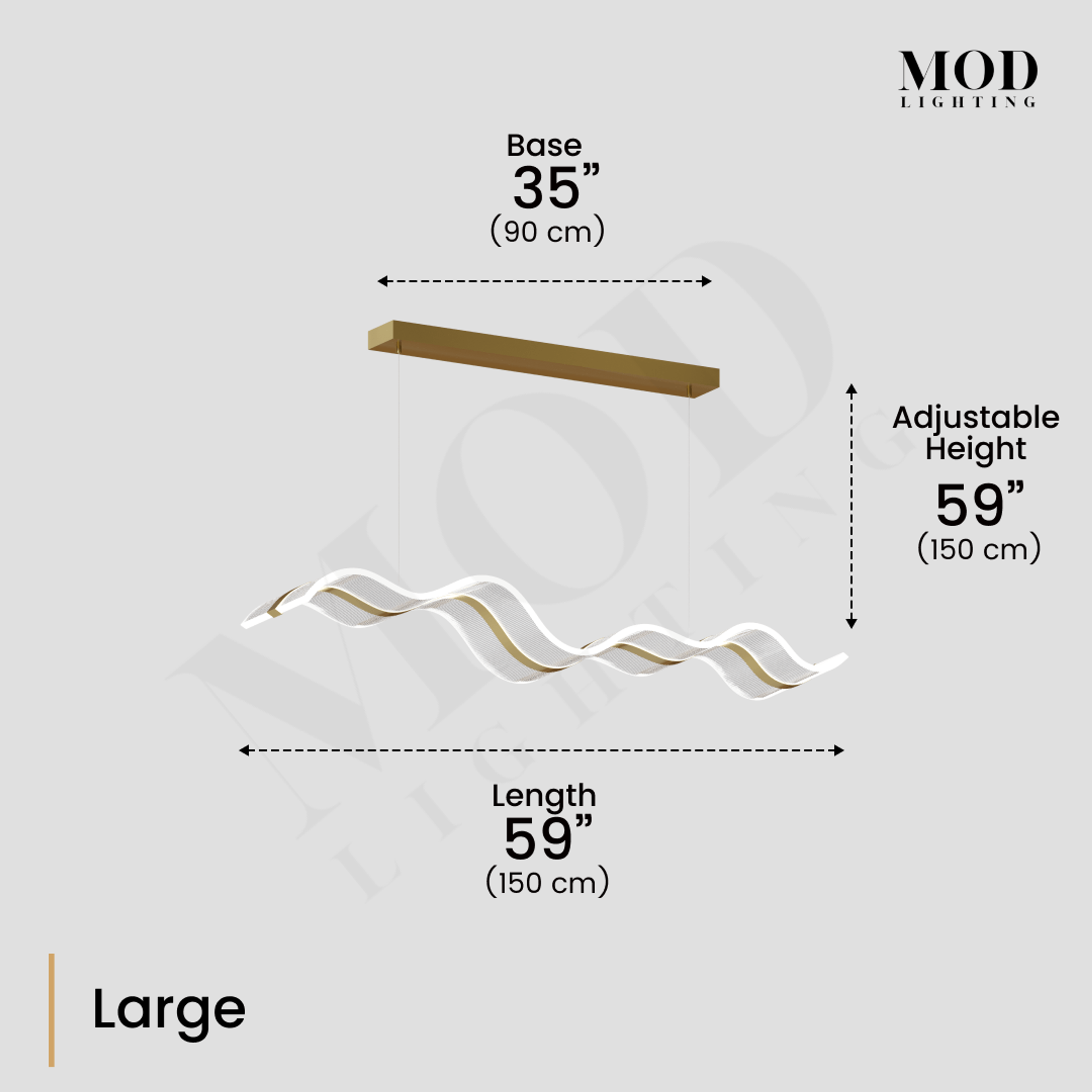 Ribbon gold and frosted wave-form LED pendant; diagram, 35" base, 59" length, 59" height, large size