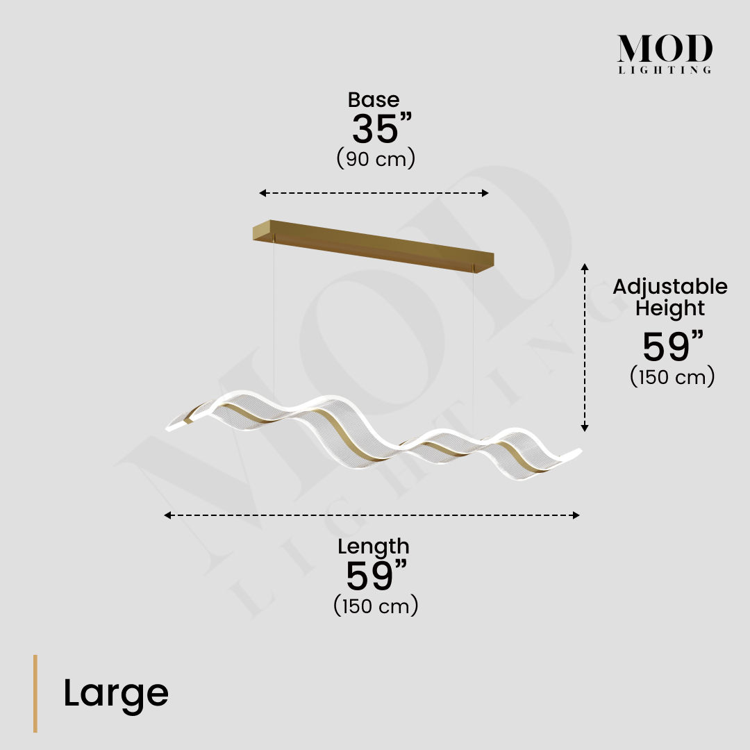 Ribbon gold and frosted wave-form LED pendant; diagram, 35" base, 59" length, 59" height, large size