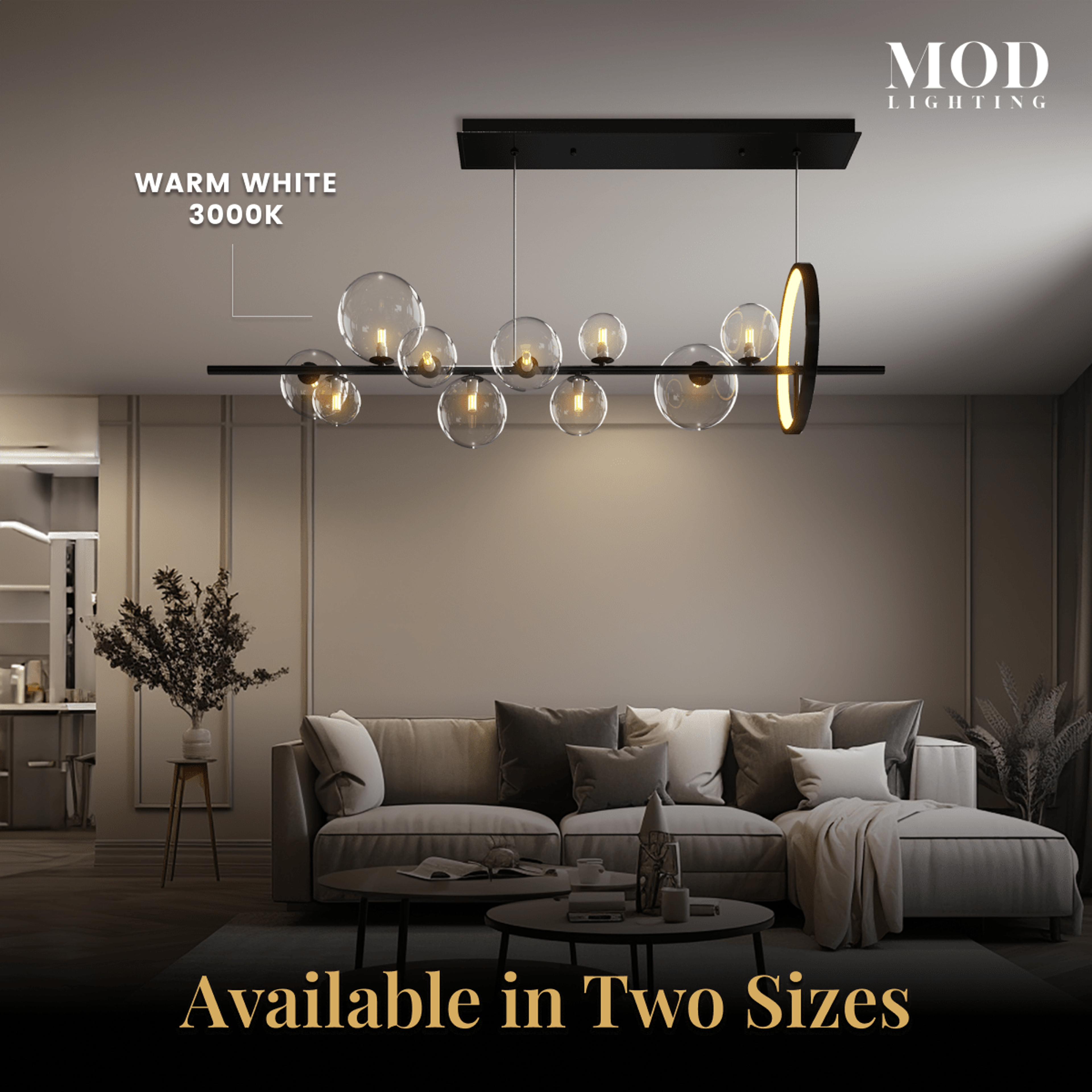 Bailey chandelier in warm white 3000K glow over a living room, black bar with clear glass orbs
