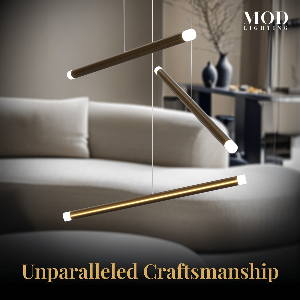Freya gold light bars with white-glowing ends against a curved sofa, detail of the craftsmanship