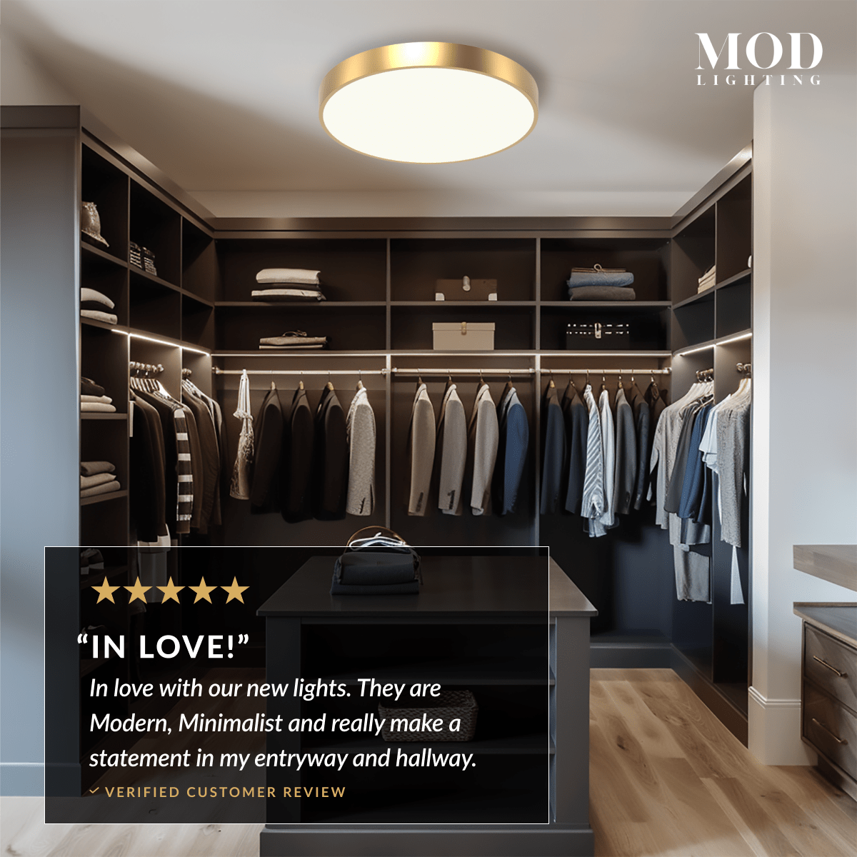 Aria brushed-gold round flush-mount ceiling light in a walk-in closet