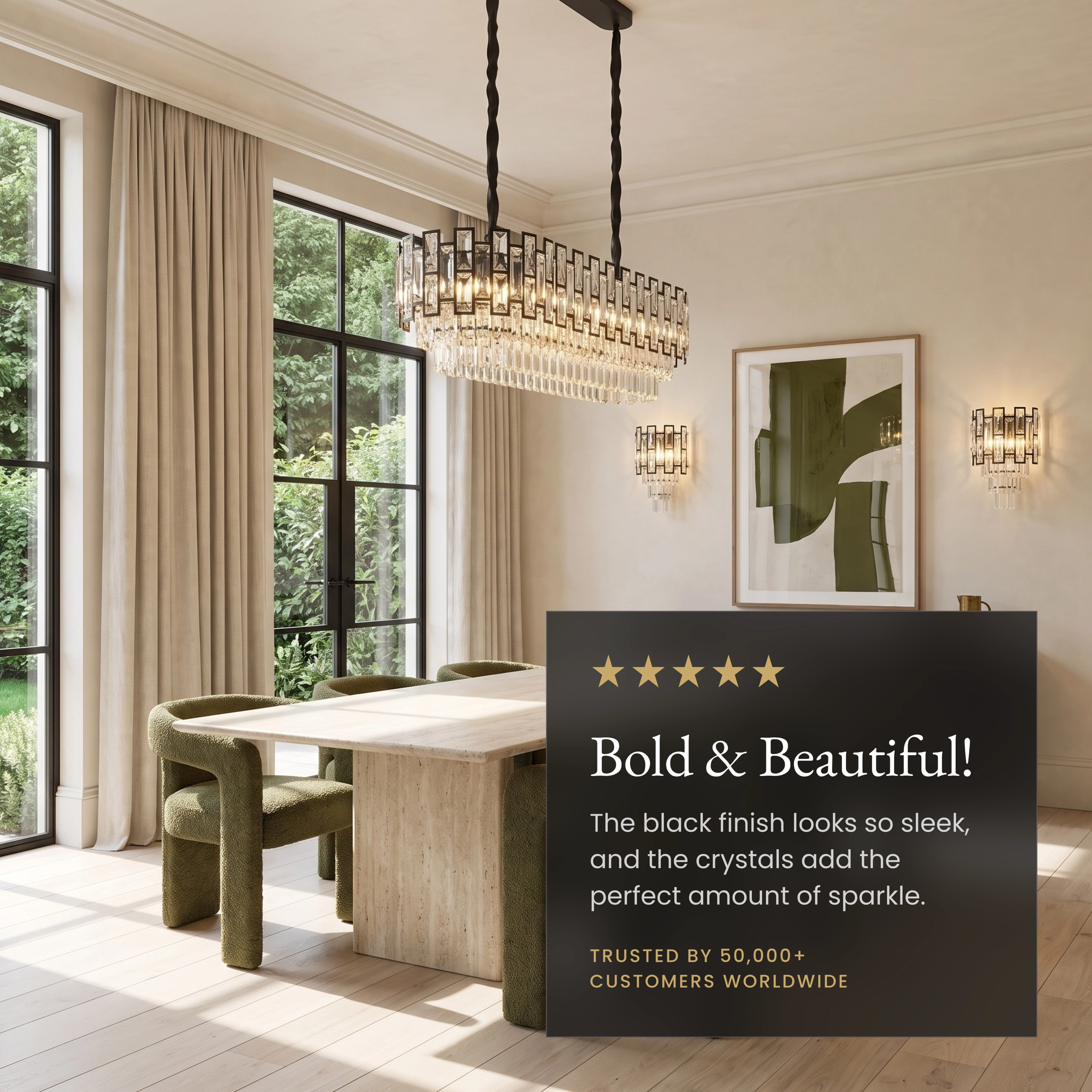 Raven black linear crystal pendant over a dining table, callouts: dimmer, replaceable LED bulbs, adjustable chain