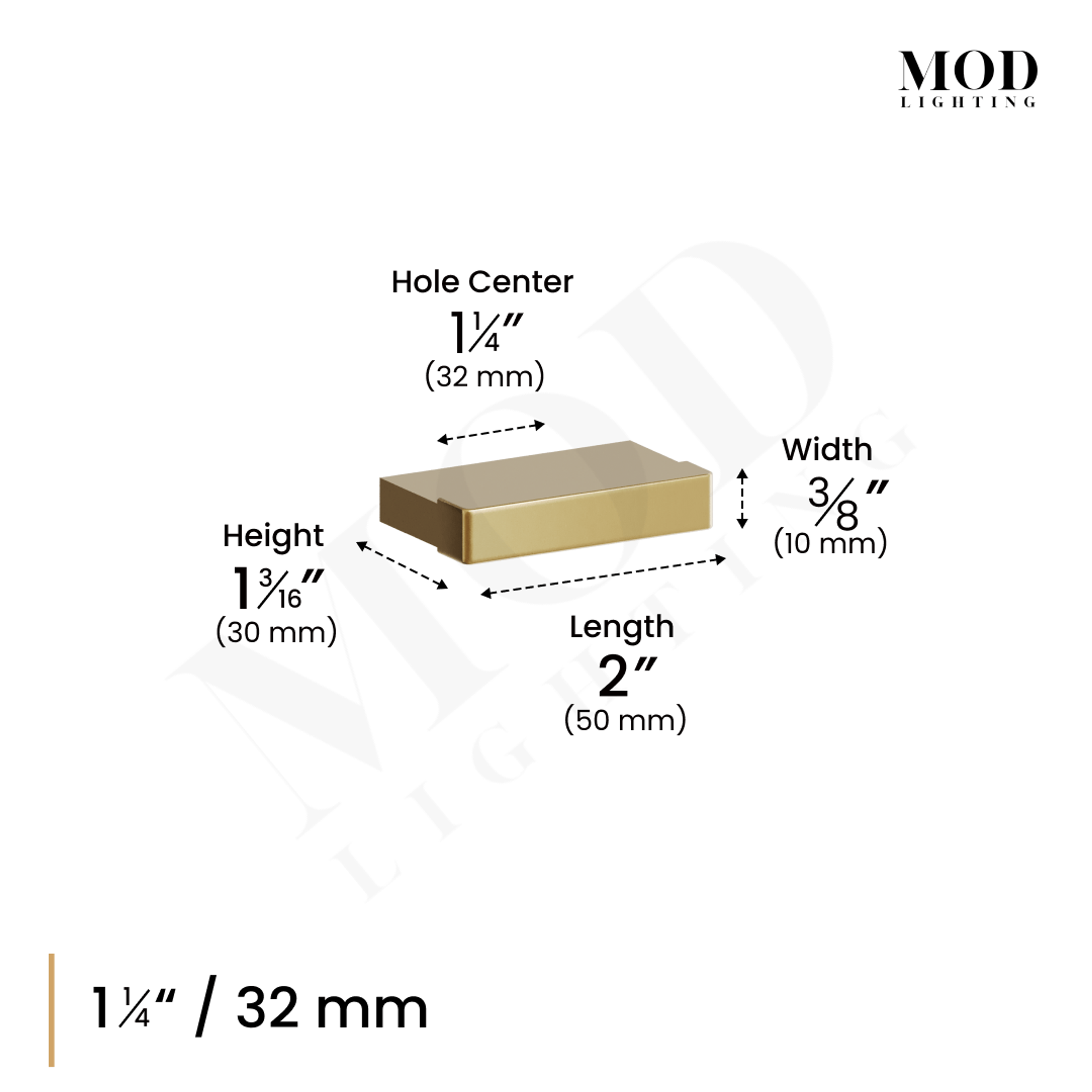 Maddison cabinet pull dimension diagram, 1.25-inch/32 mm hole center, length 2 in, width 3/8 in, height 1 3/16 in