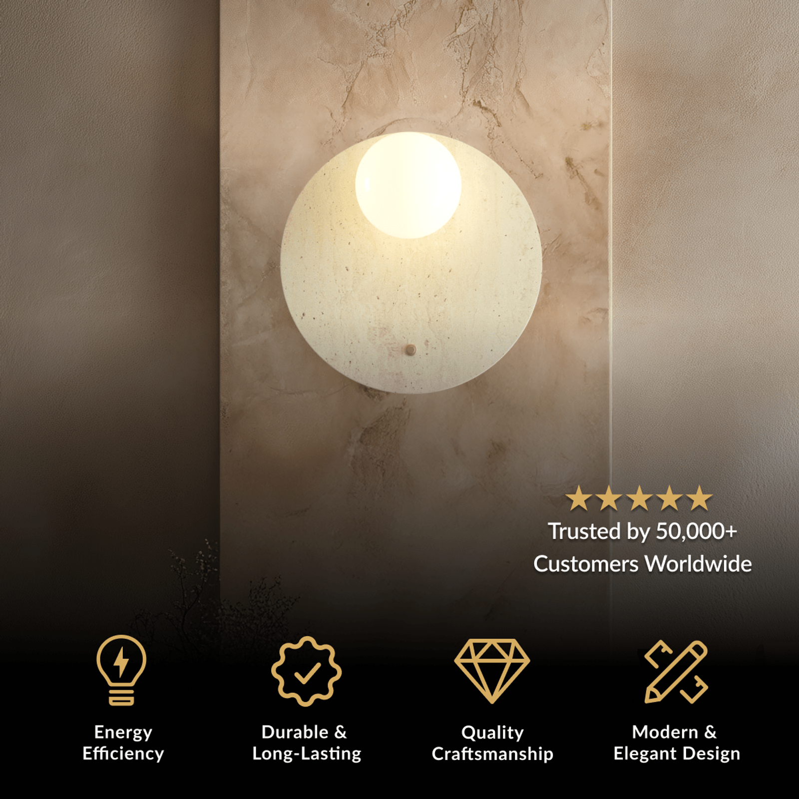 Arabella Sconce, round travertine stone disc with a warm globe bulb on a stone wall