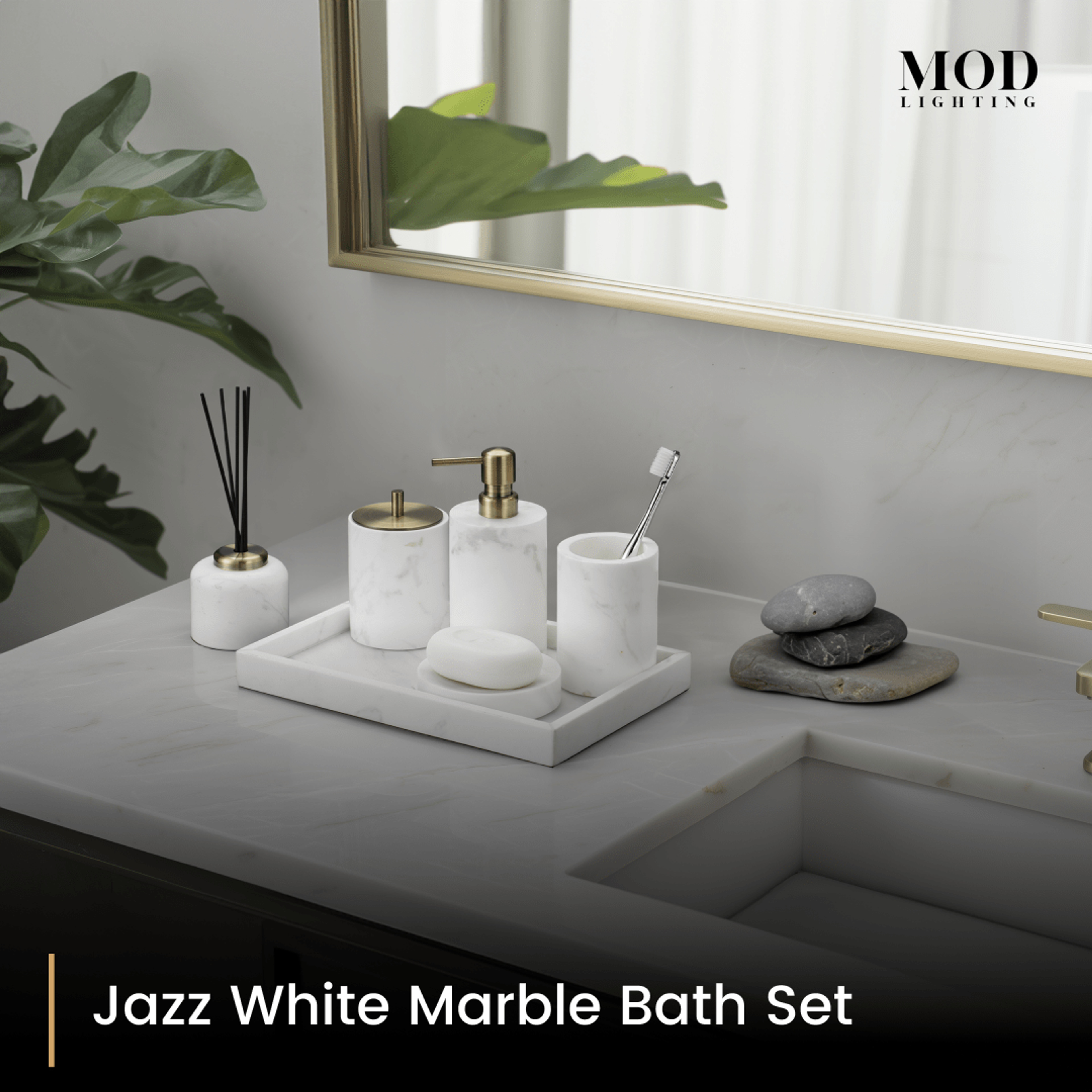 Jazz White Marble Bath Set, white marble accessories with gold accents on a tray on a stone vanity below a mirror