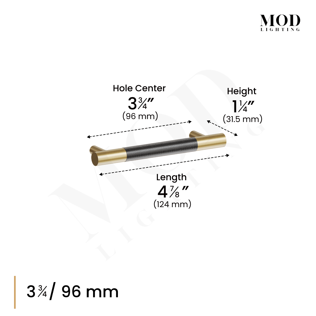 Wellington cabinet pull dimension diagram, black knurled bar with gold ends, 3.75-inch/96 mm hole center, length 4 7/8 in