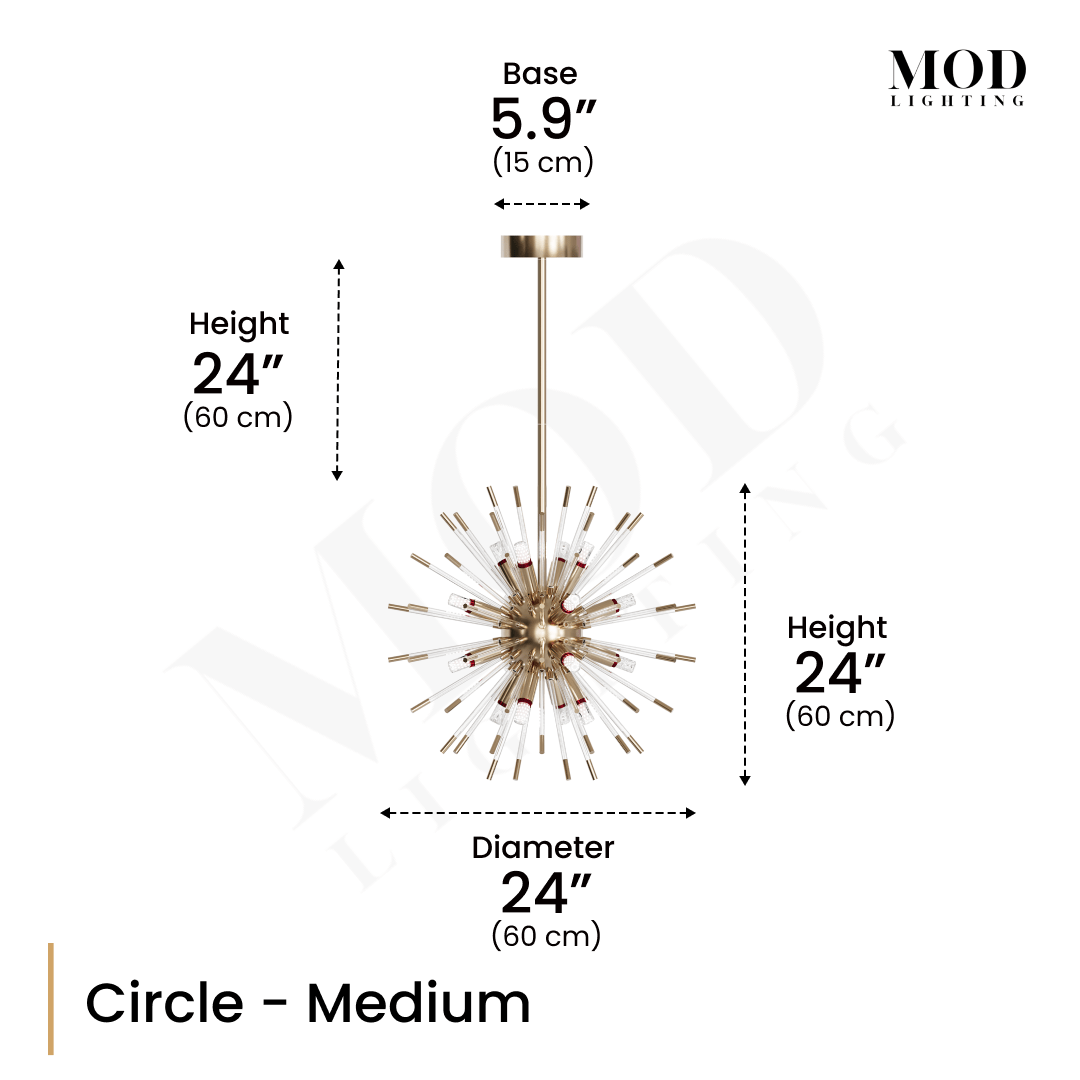 Pixie gold sputnik chandelier, Circle Medium diagram: 24" diameter, 24" fixture height, 24" drop