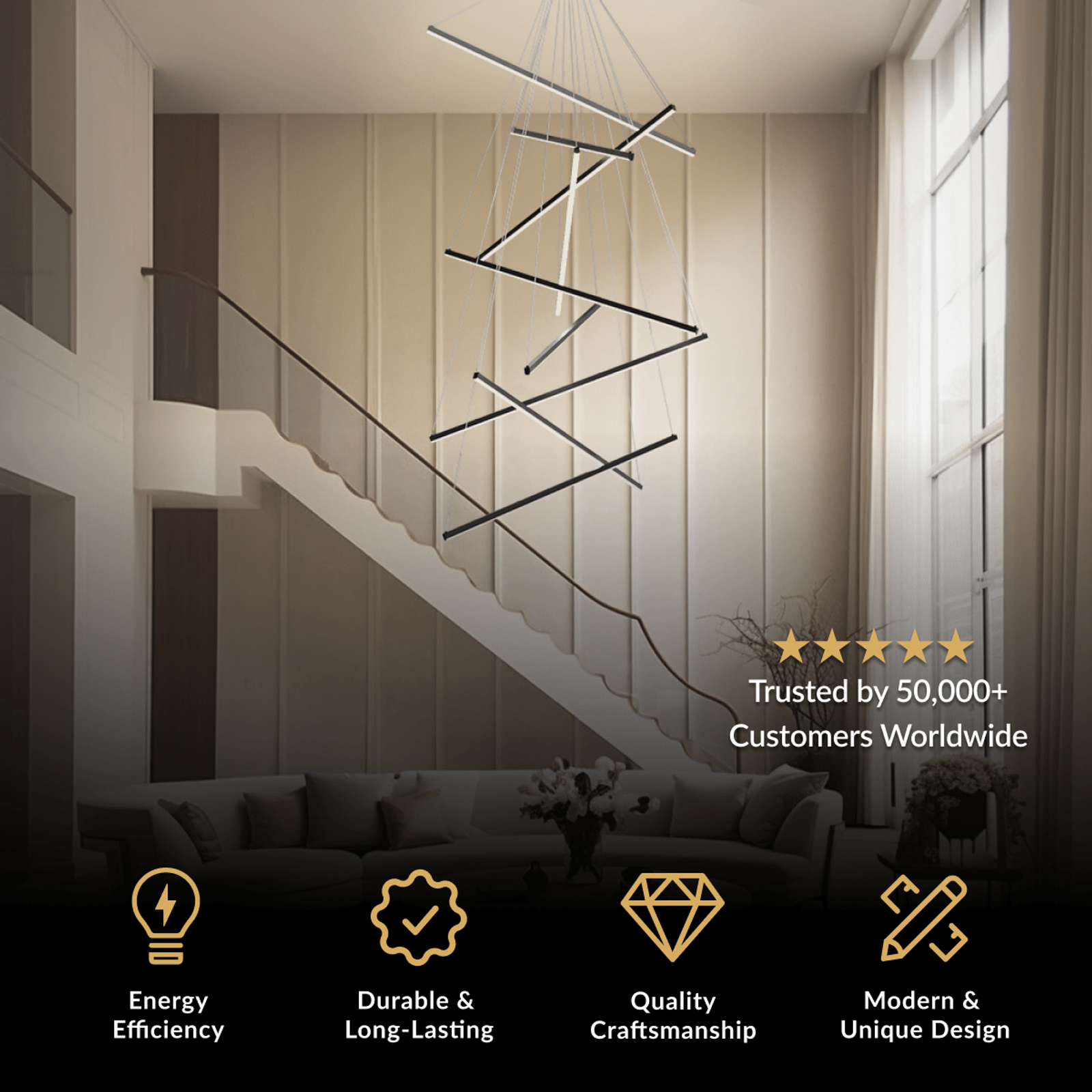 Finn black zigzag staircase chandelier of angled LED bars descending beside a staircase