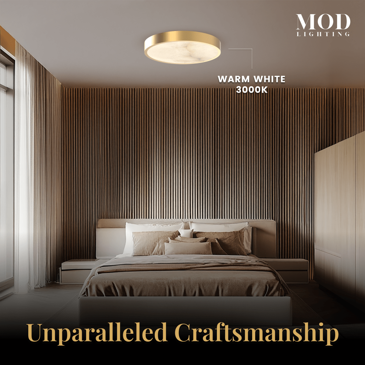 Celia gold round alabaster ceiling light casting warm white light in a modern bedroom