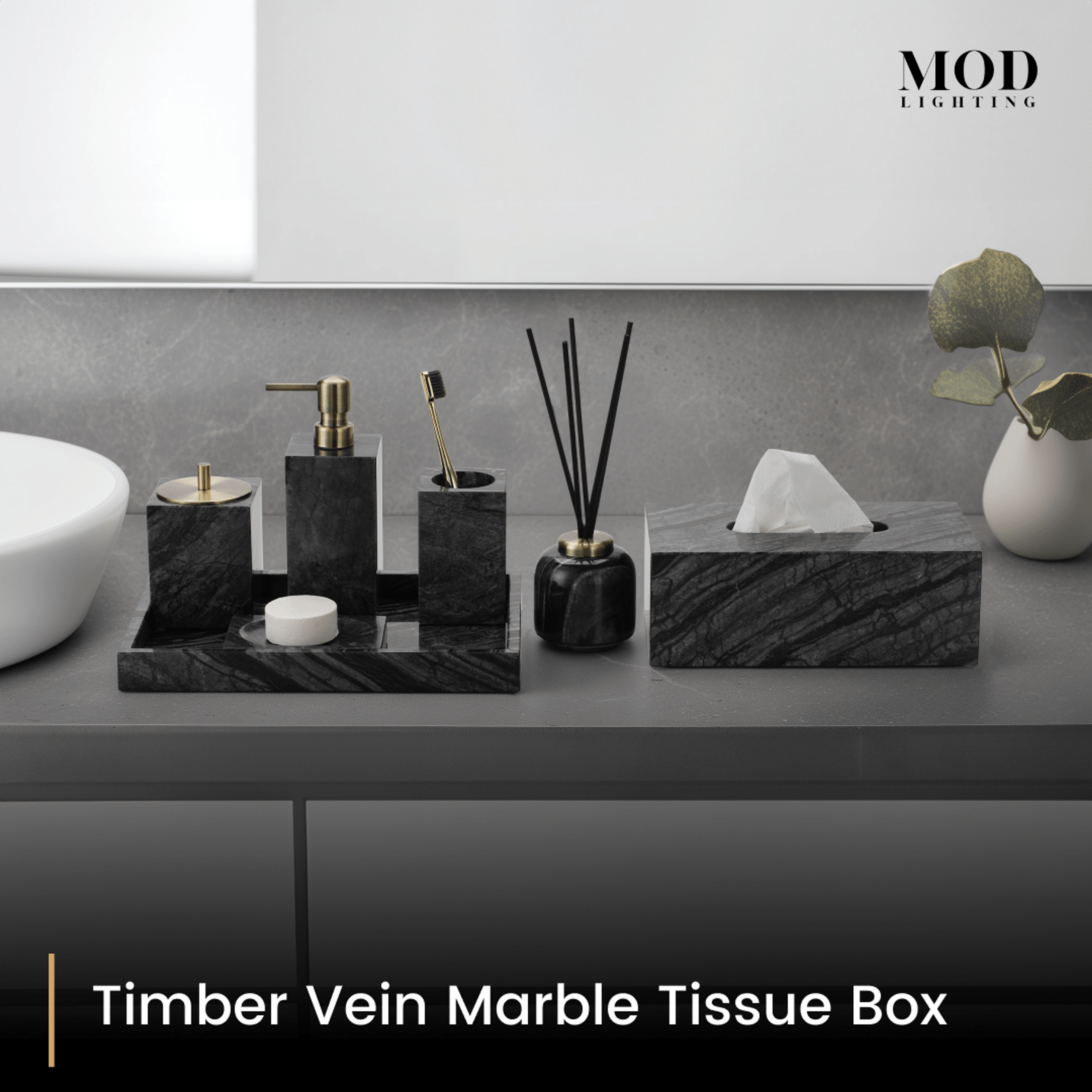 Timber Vein Marble Tissue Box with matching black veined-marble bath set on a grey vanity beside a round basin