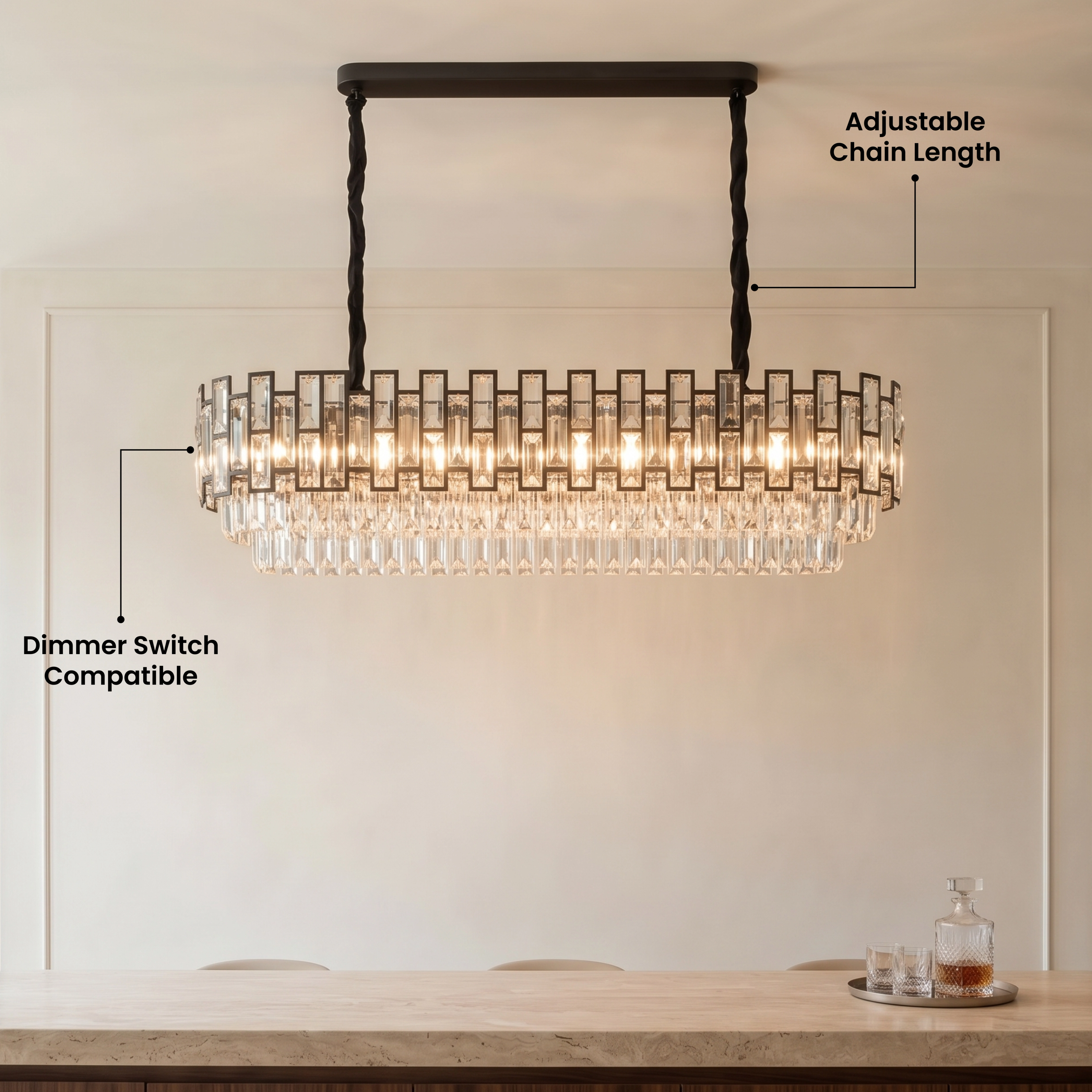Raven black linear crystal pendant over a bar area, with a five-star customer review overlay