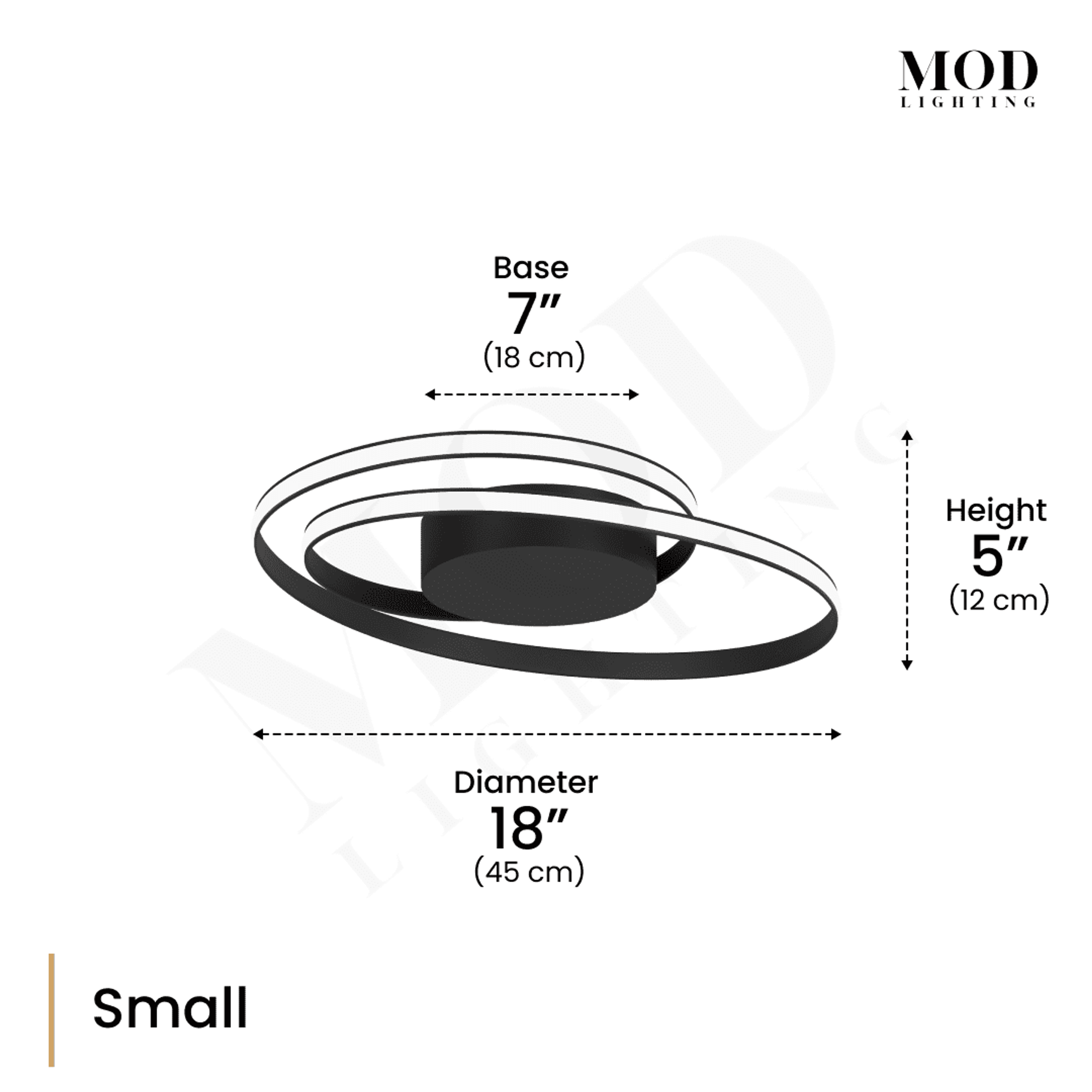 Spiral ceiling light spec diagram, Small: 18" diameter, 7" base, 5" height