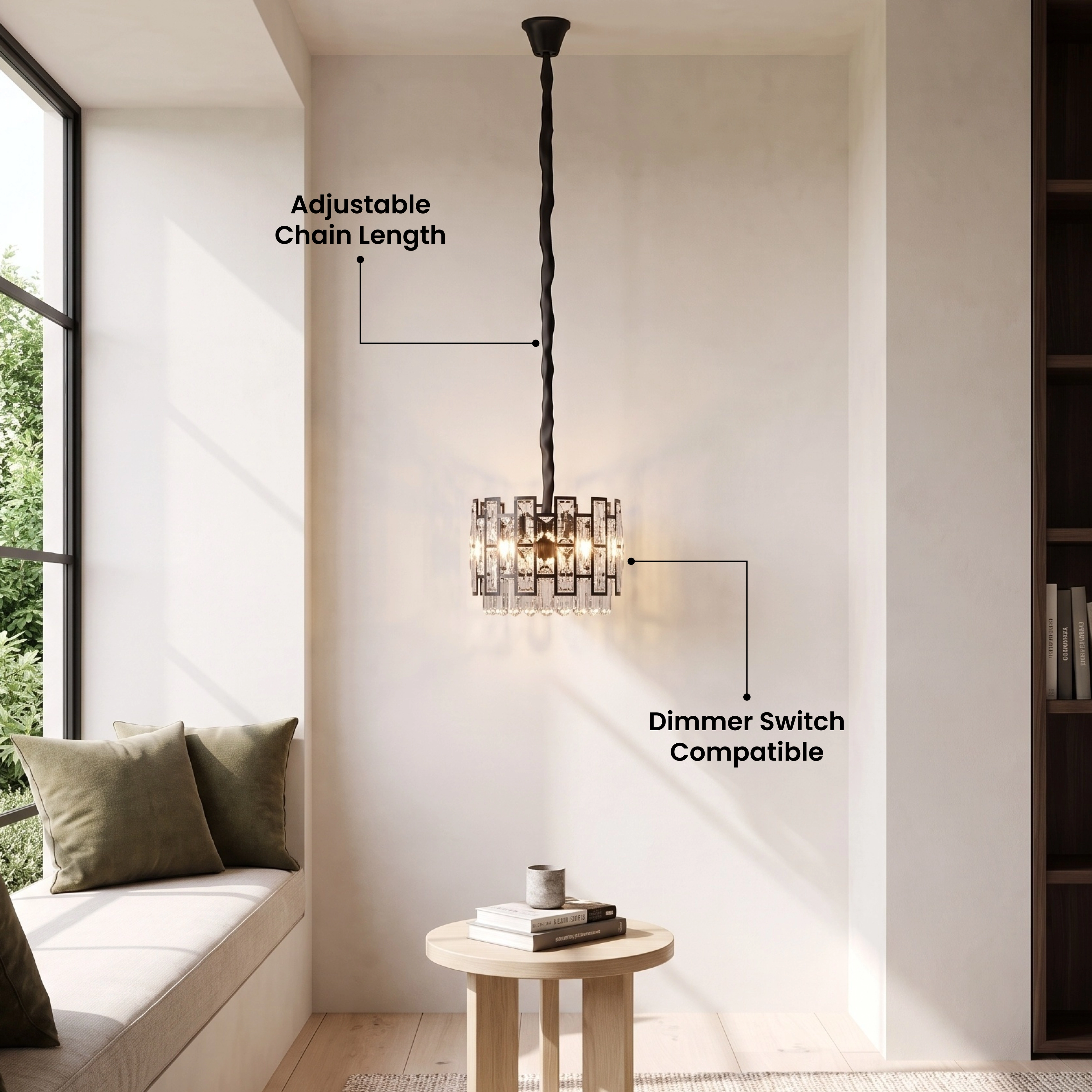 Mini Raven black crystal pendant pair over a dining table, with a five-star customer review overlay
