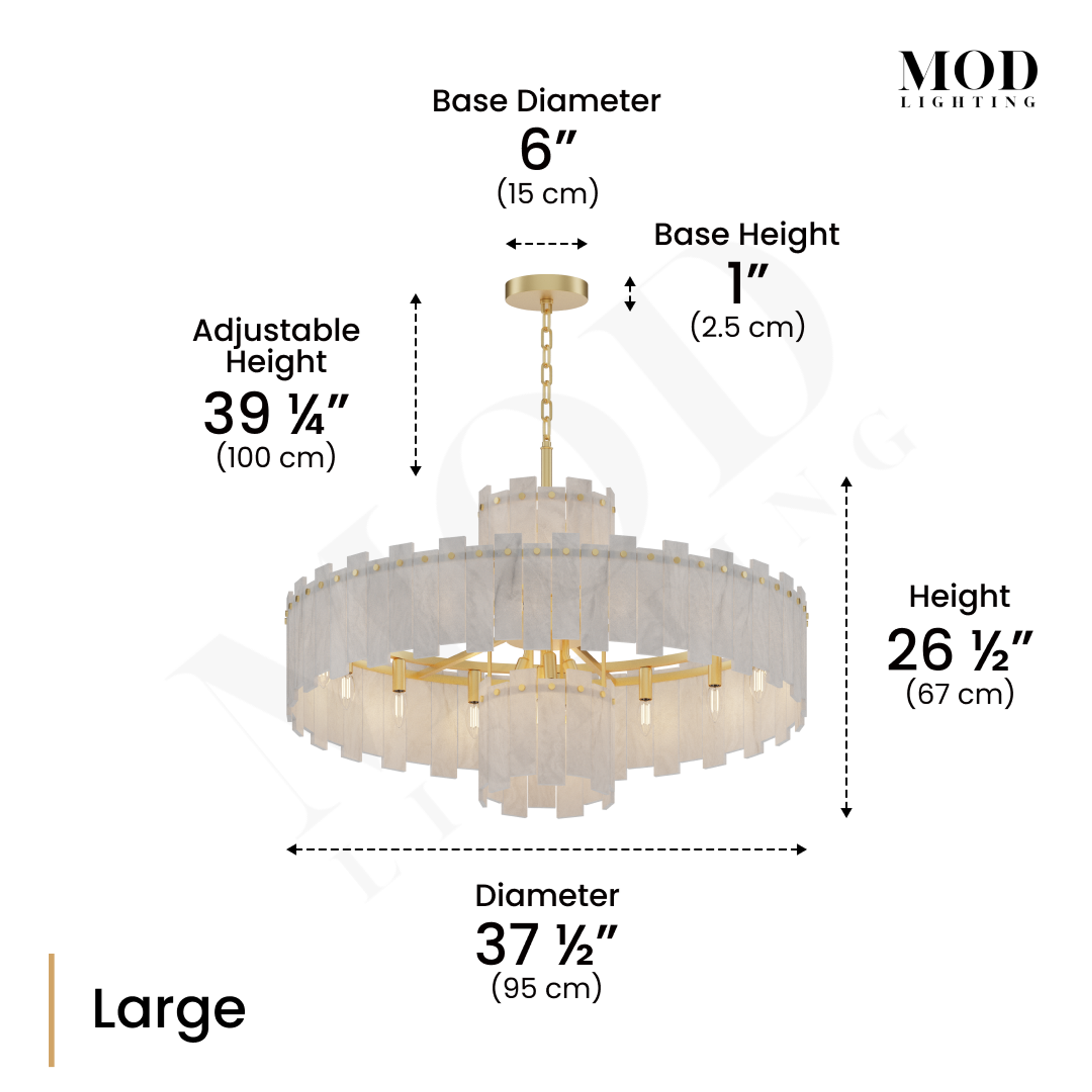 Velina chandelier dimension diagram, Large: 37 1/2in diameter, 26 1/2in tall, 39 1/4in adjustable height